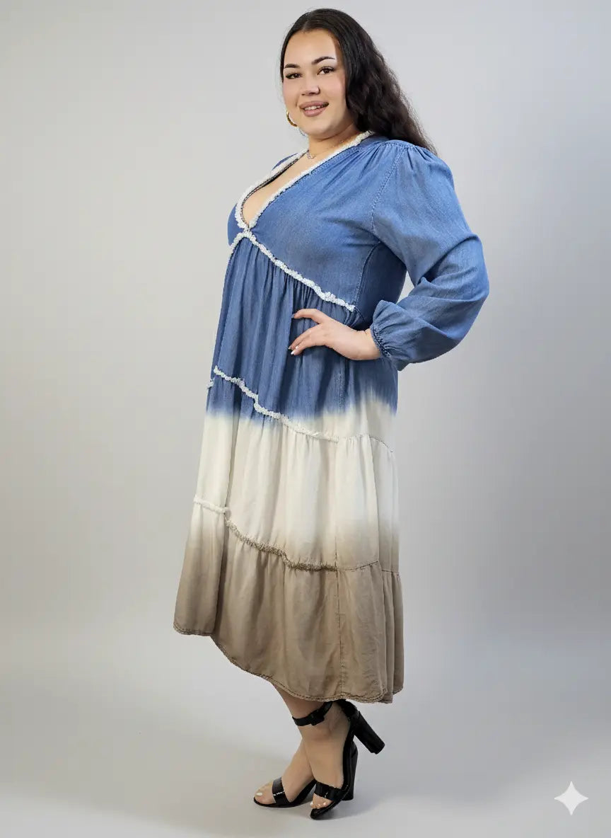 Sukienka plus size midi z falbanami i dekoltem w serek – kobieca moda plus size Stylowa XL