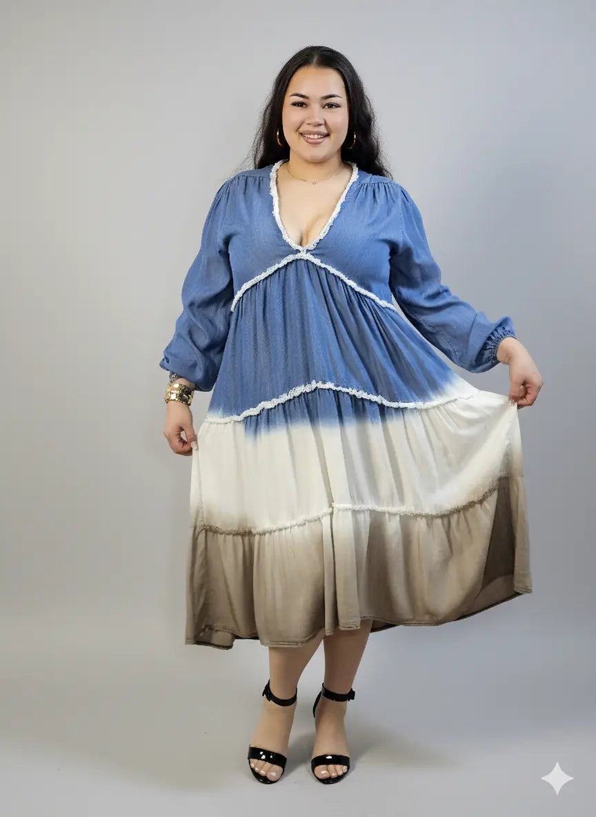 Sukienka plus size midi z falbanami i dekoltem w serek – kobieca moda plus size Stylowa XL
