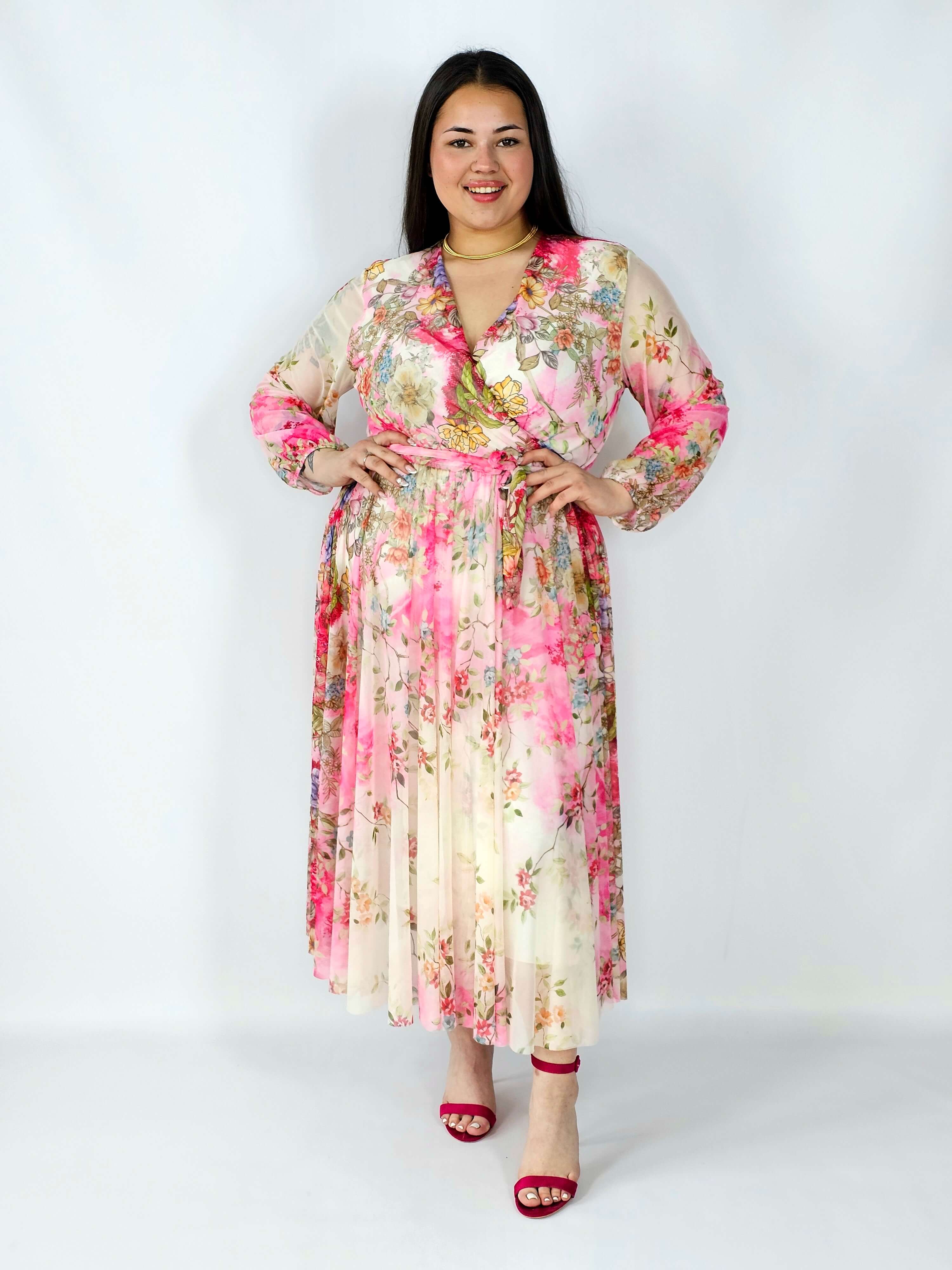 Sukienka plus size siateczkowa kopertowa z paskiem elegancka Stylowa XL