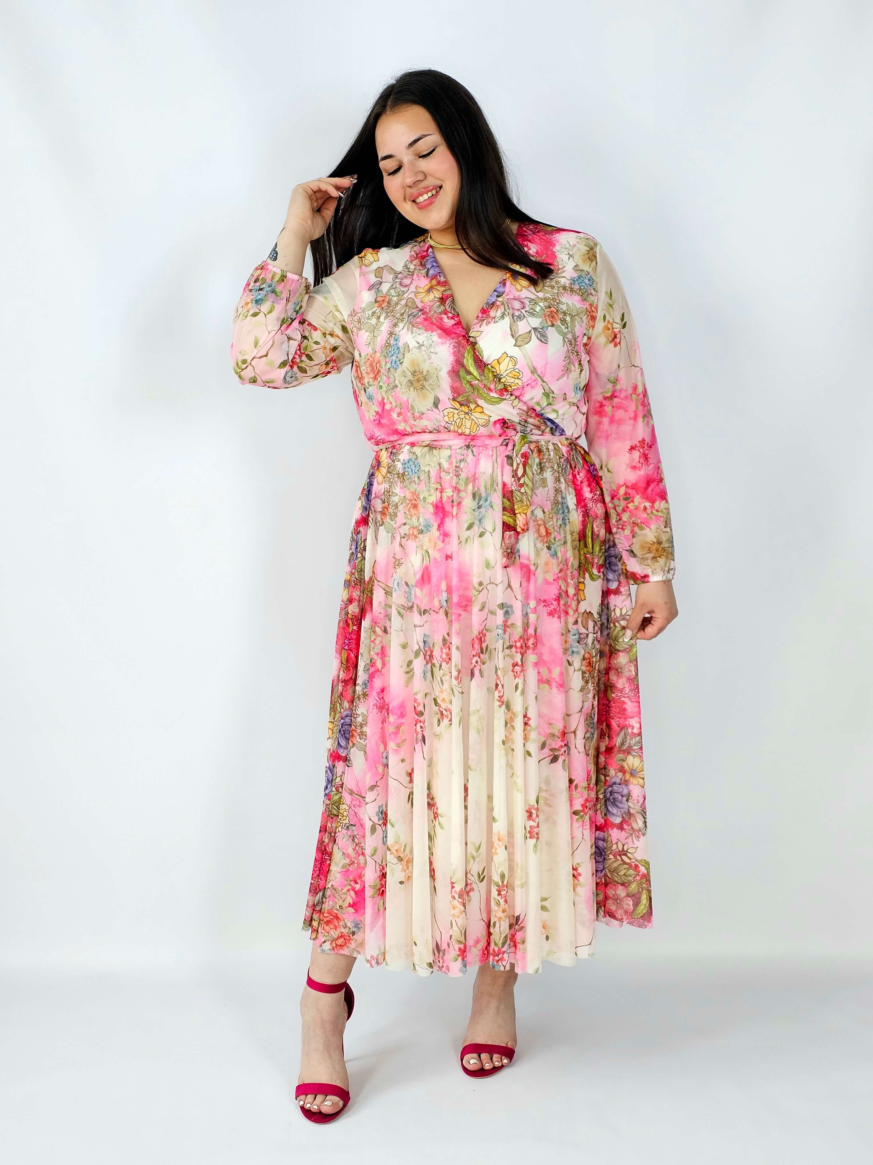 Sukienka plus size siateczkowa kopertowa z paskiem elegancka Stylowa XL