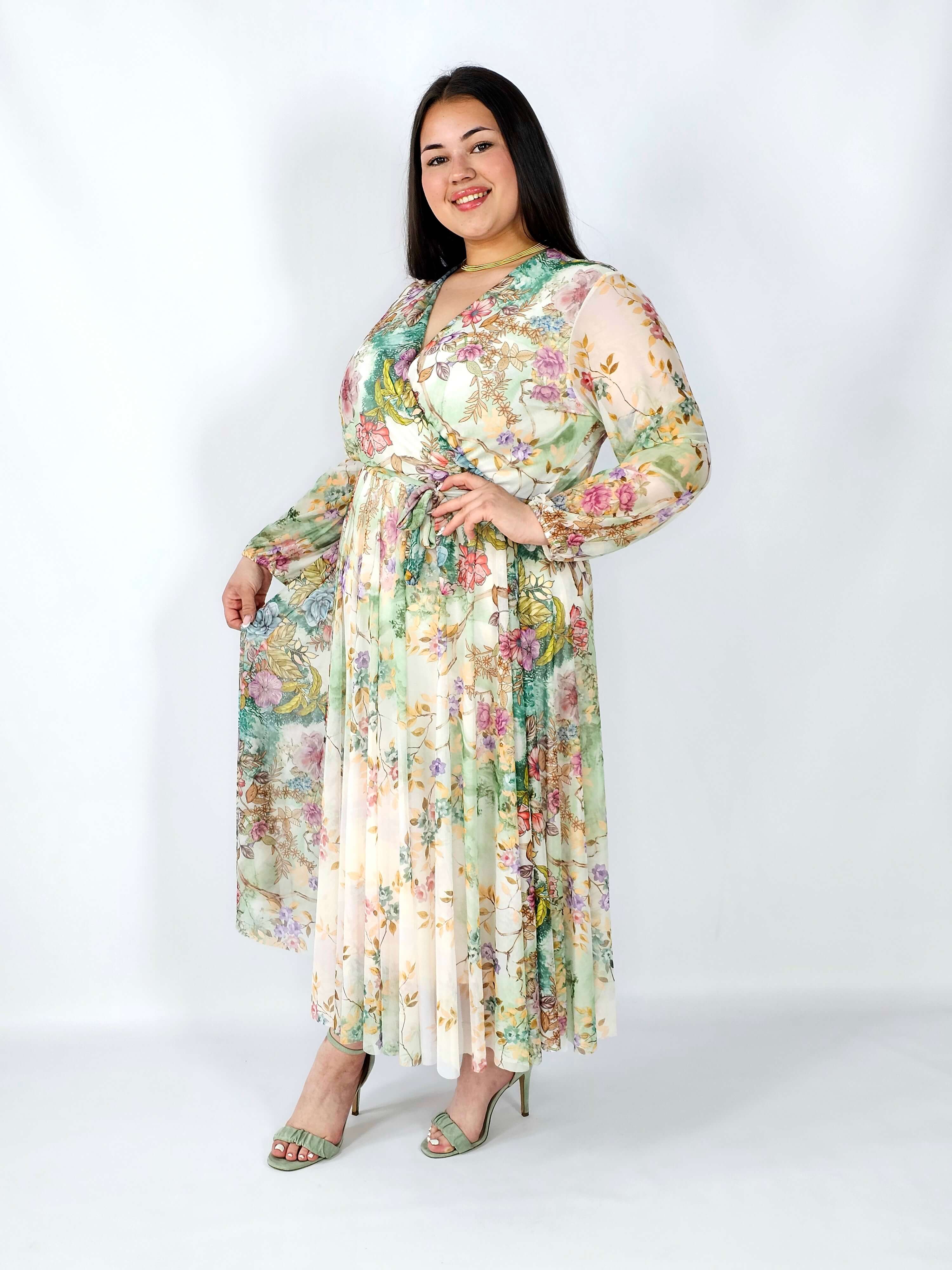 Sukienka plus size siateczkowa kopertowa z paskiem elegancka Stylowa XL