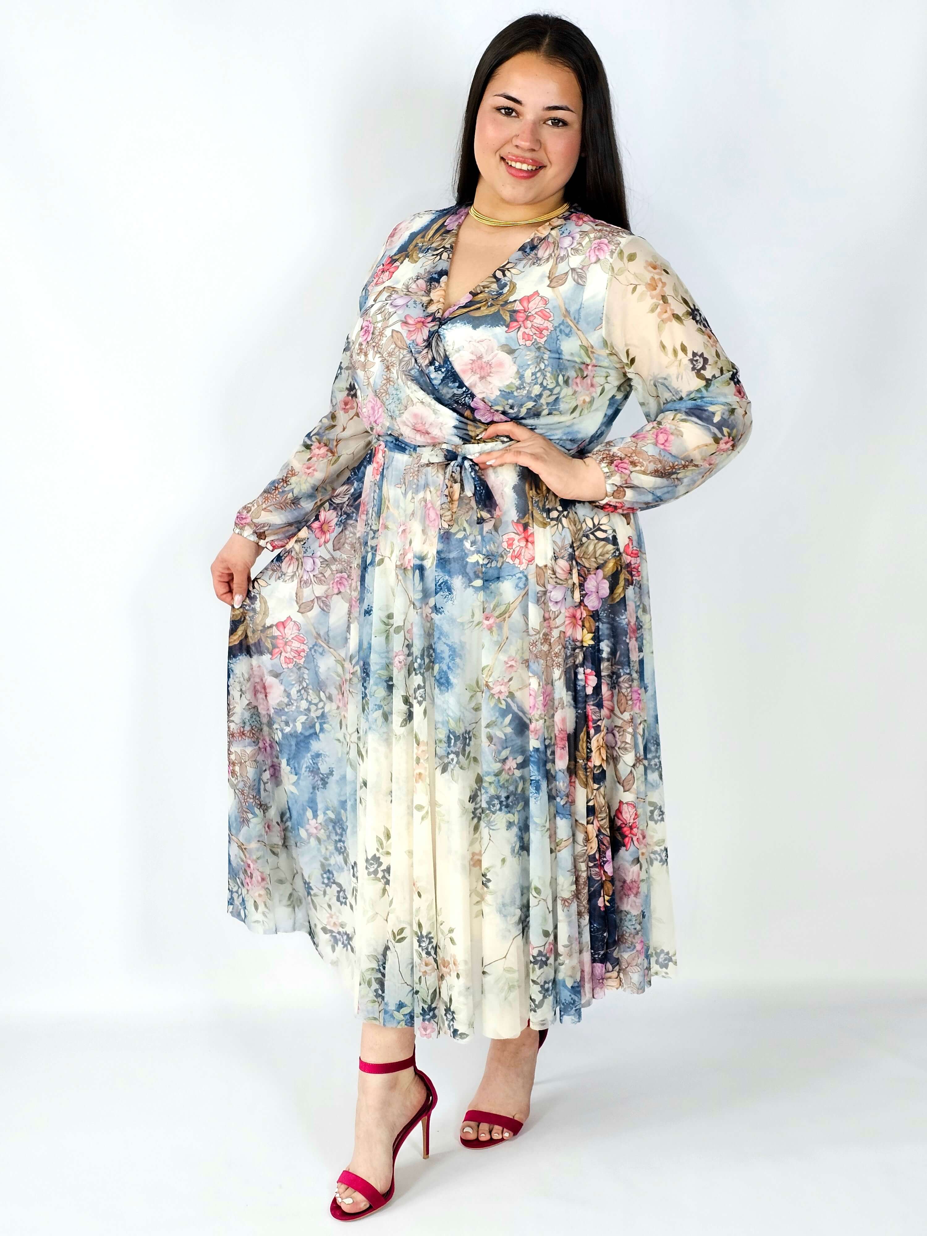 Sukienka plus size siateczkowa kopertowa z paskiem elegancka Stylowa XL