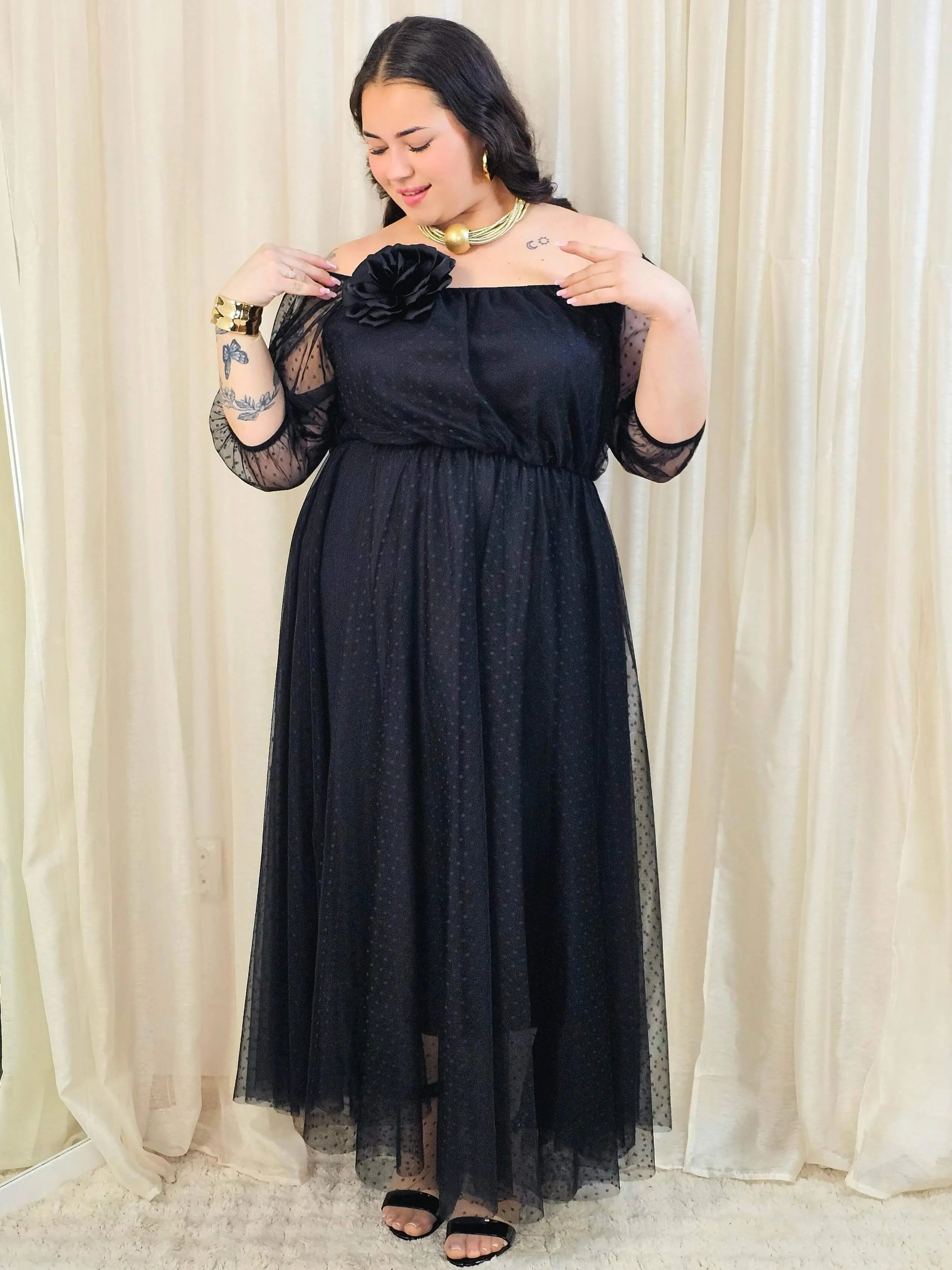 Sukienka plus size tiulowa maxi z dekoltem hiszpanka – elegancka sukienka XXL Stylowa XL Stylowa XL