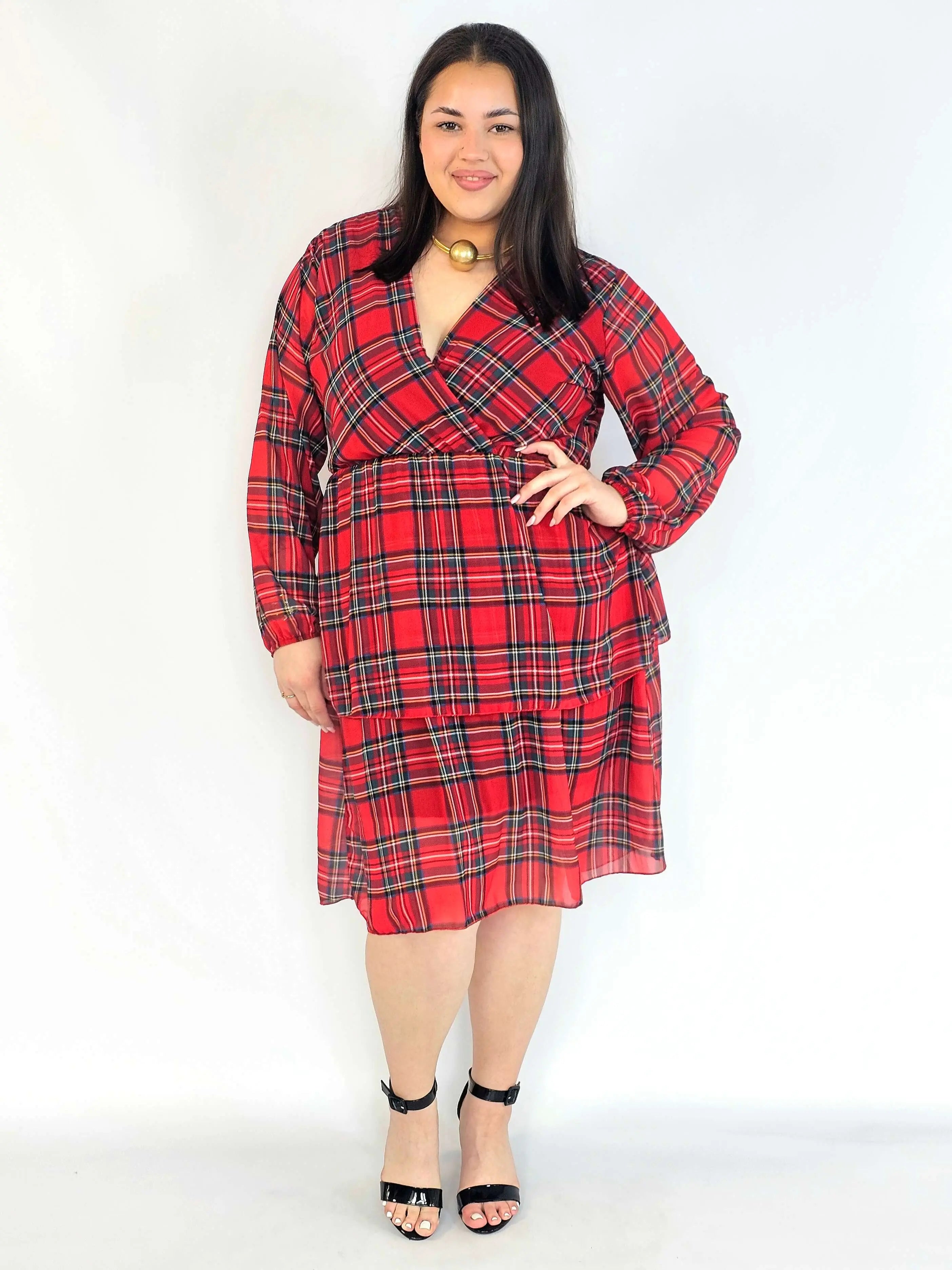 Sukienka plus size w kratę czerwona – sukienka XXL kopertowa Stylowa XL