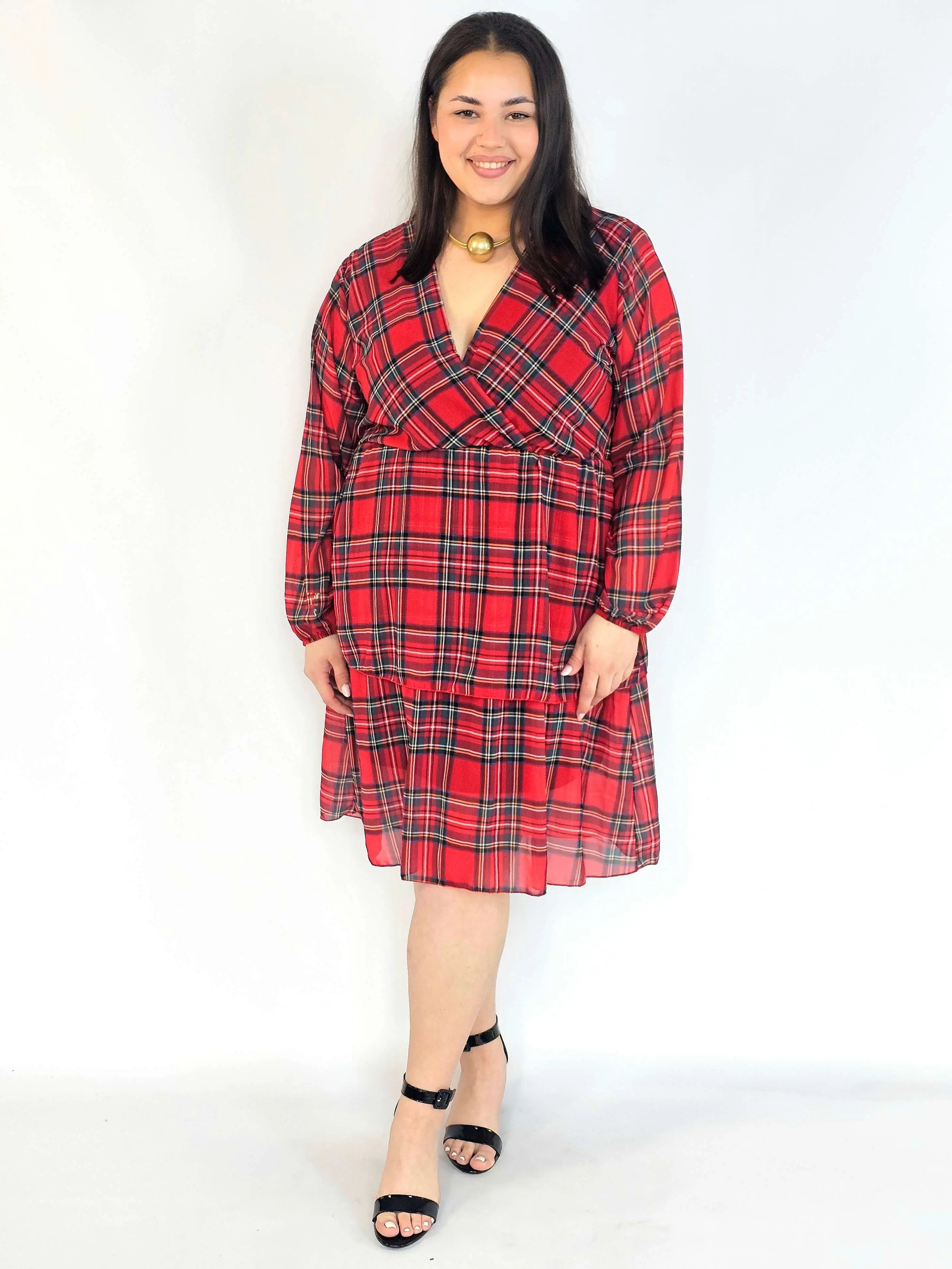 Sukienka plus size w kratę czerwona – sukienka XXL kopertowa Stylowa XL