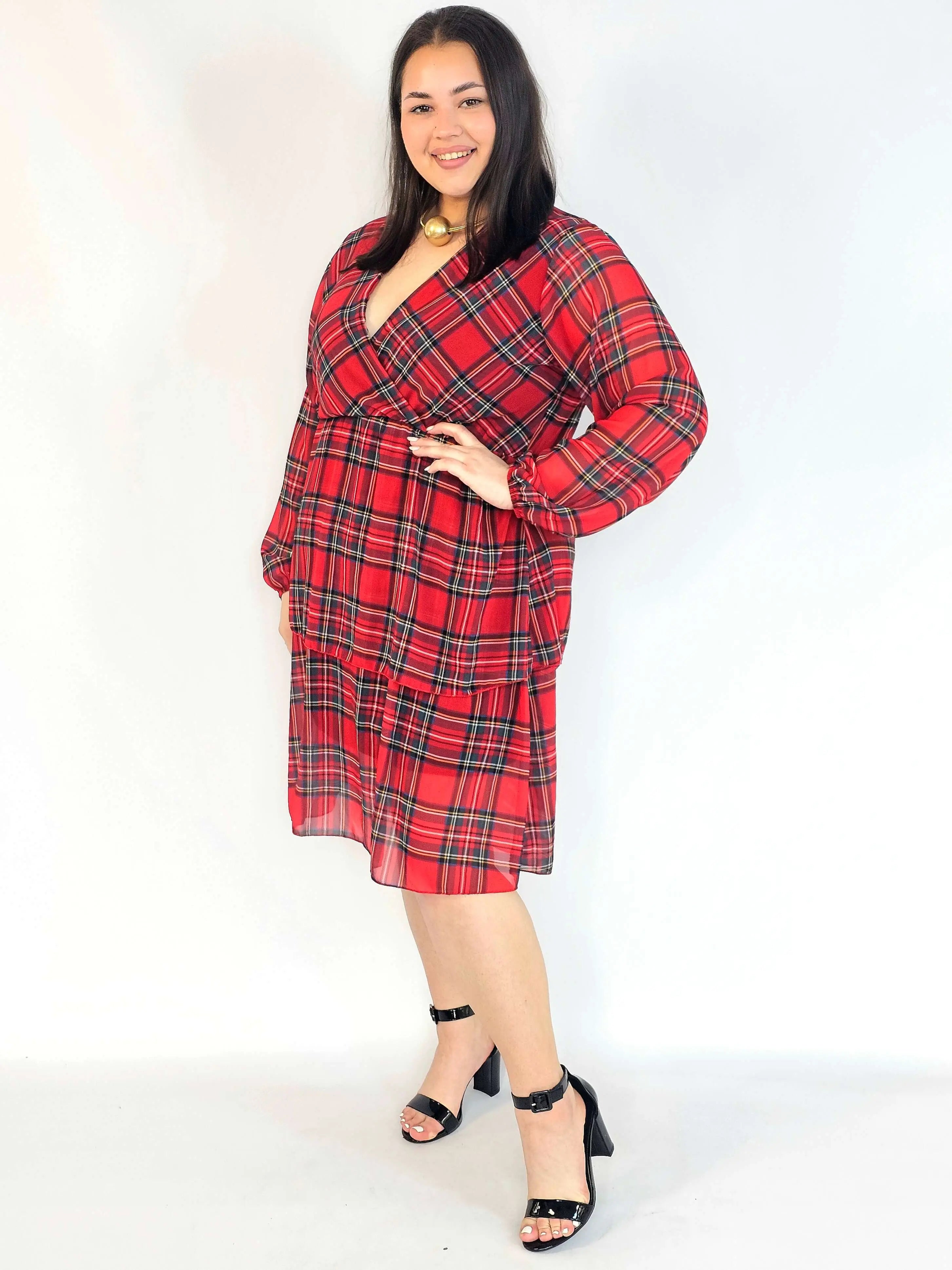 Sukienka plus size w kratę czerwona – sukienka XXL kopertowa Stylowa XL
