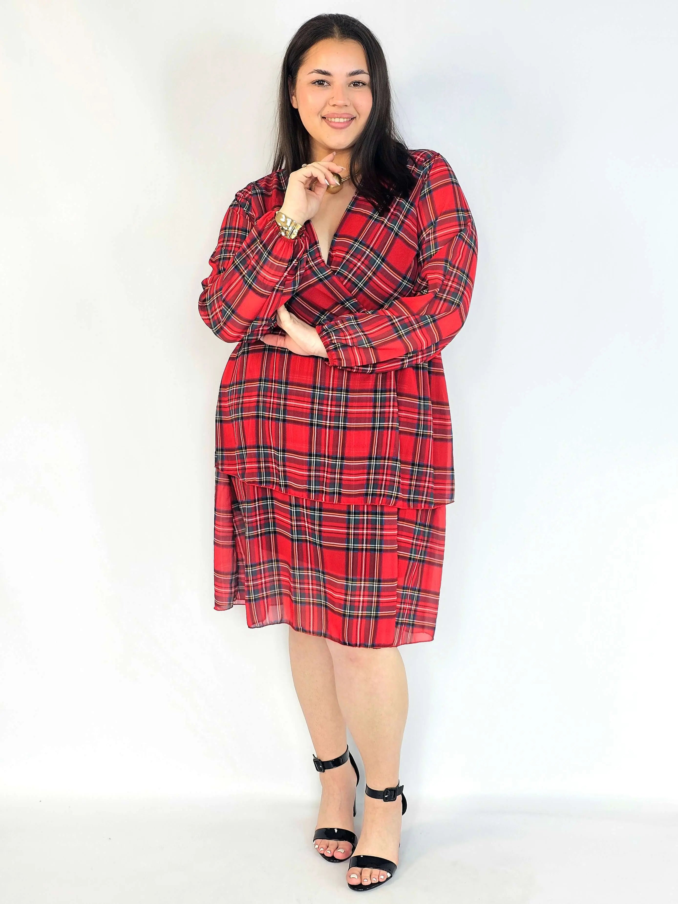 Sukienka plus size w kratę czerwona – sukienka XXL kopertowa Stylowa XL