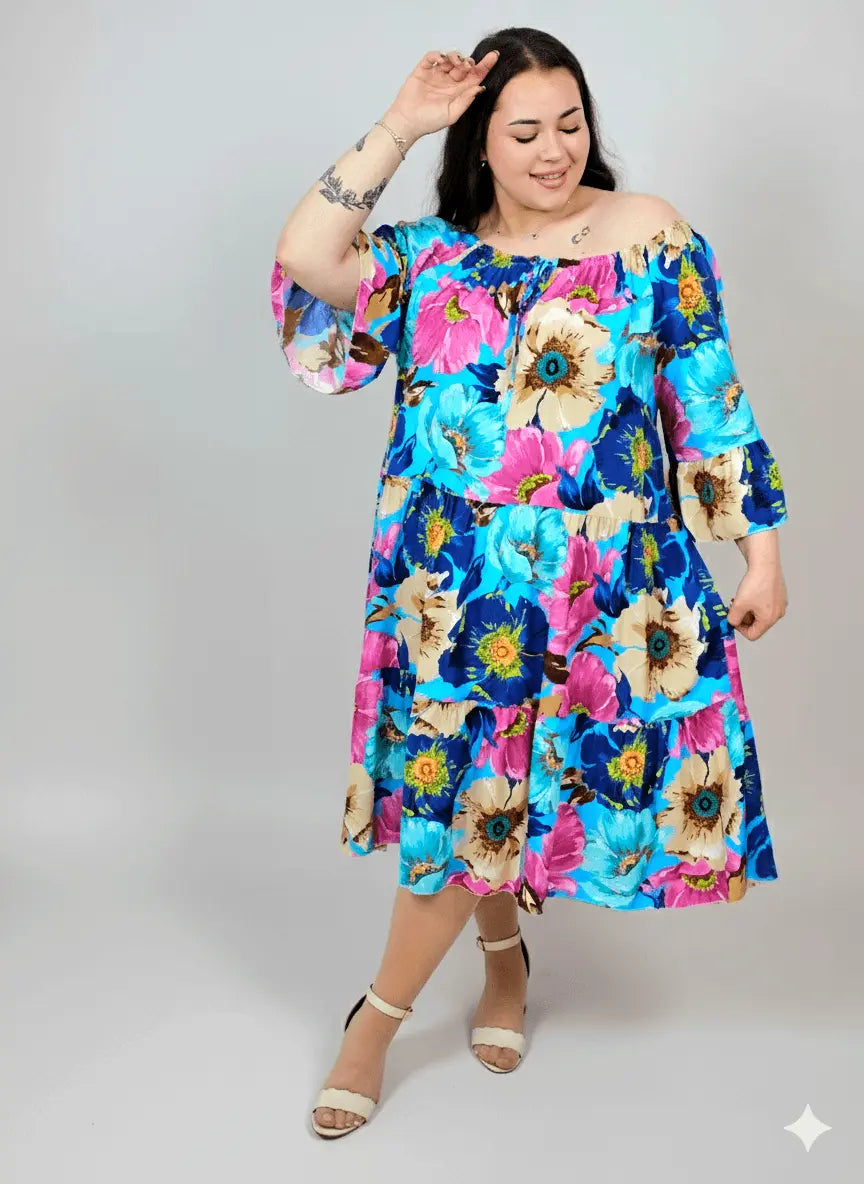 Sukienka plus size w kwiaty – hiszpanka z falbaną, kolorowa i lekka Stylowa XL