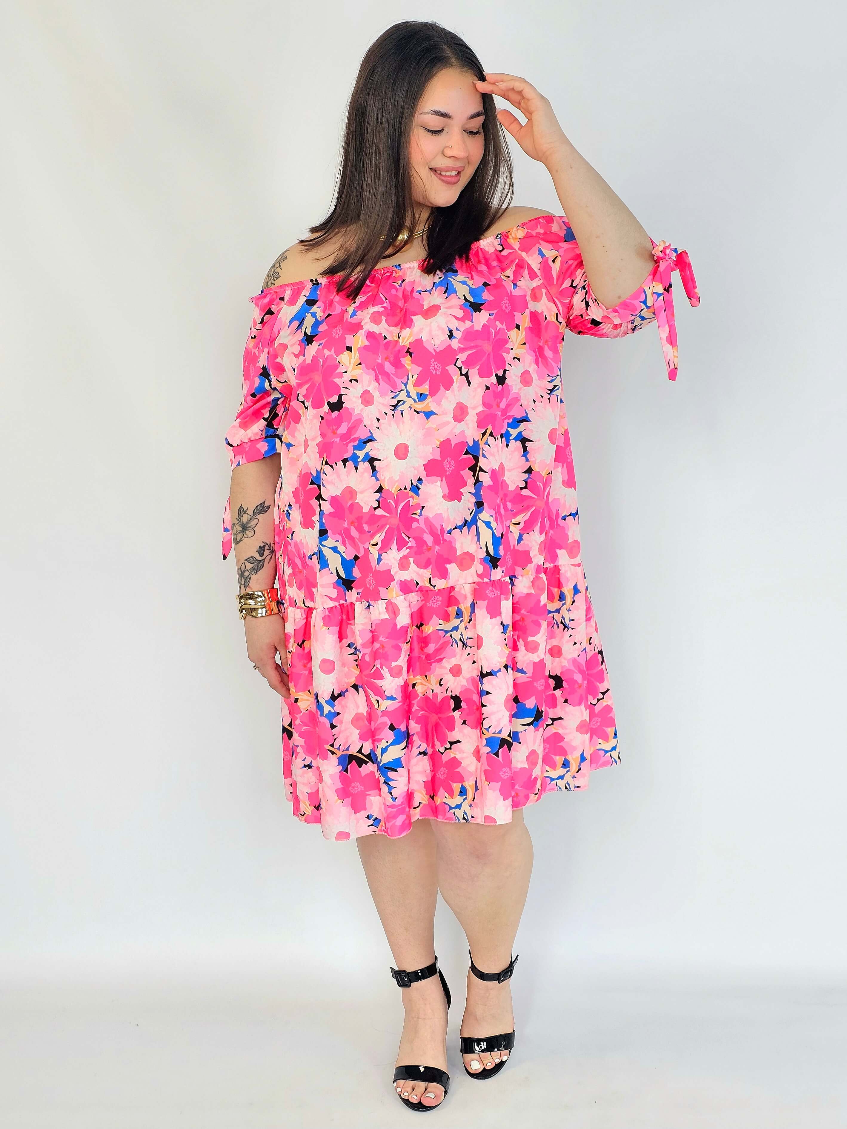 Sukienka plus size w kwiaty hiszpanka – różowa sukienka XXL damska Stylowa XL