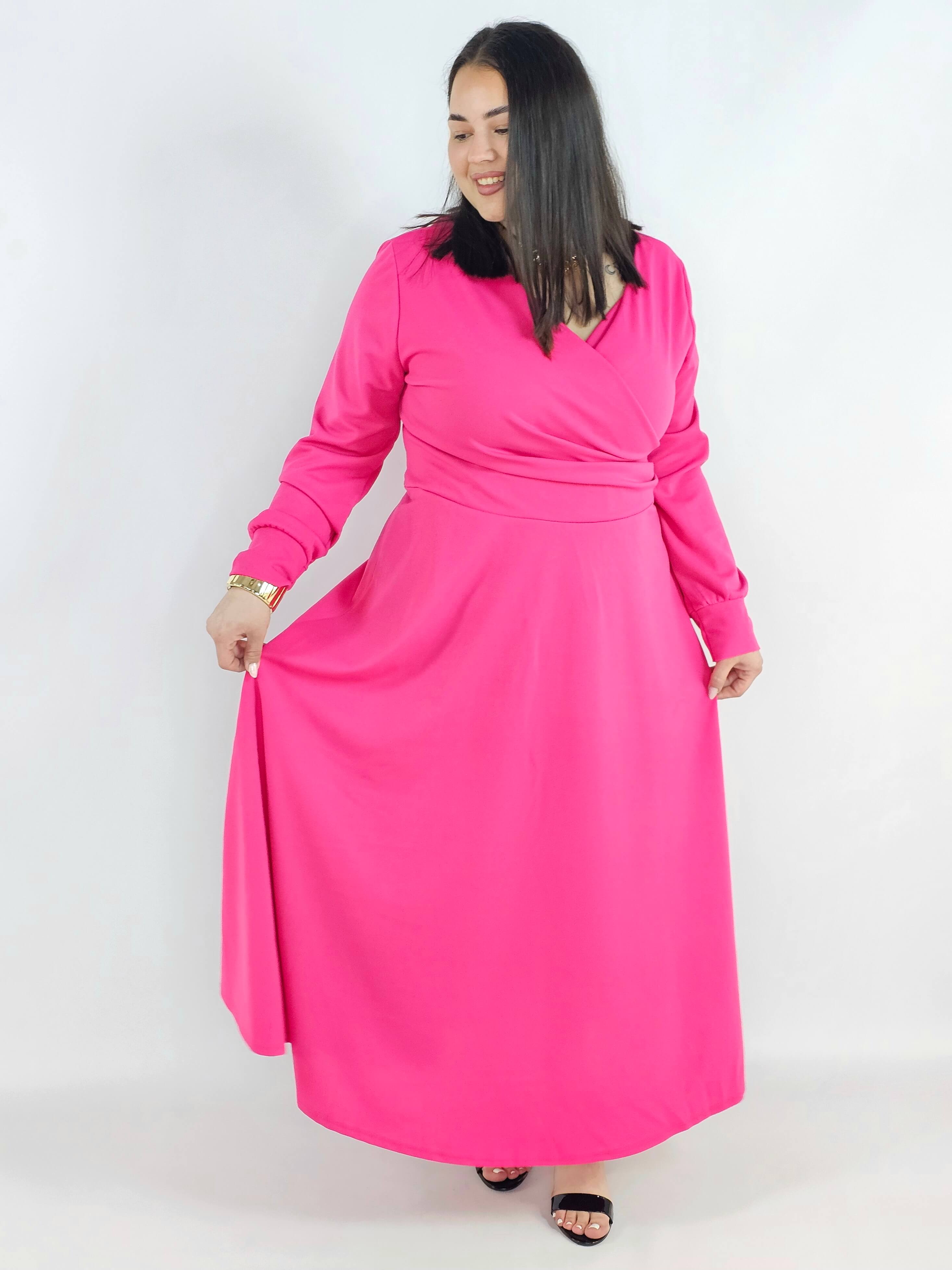 Sukienka plus size z kopertowym dekoltem – elegancka sukienka damska XXL z długim rękawem Stylowa XL