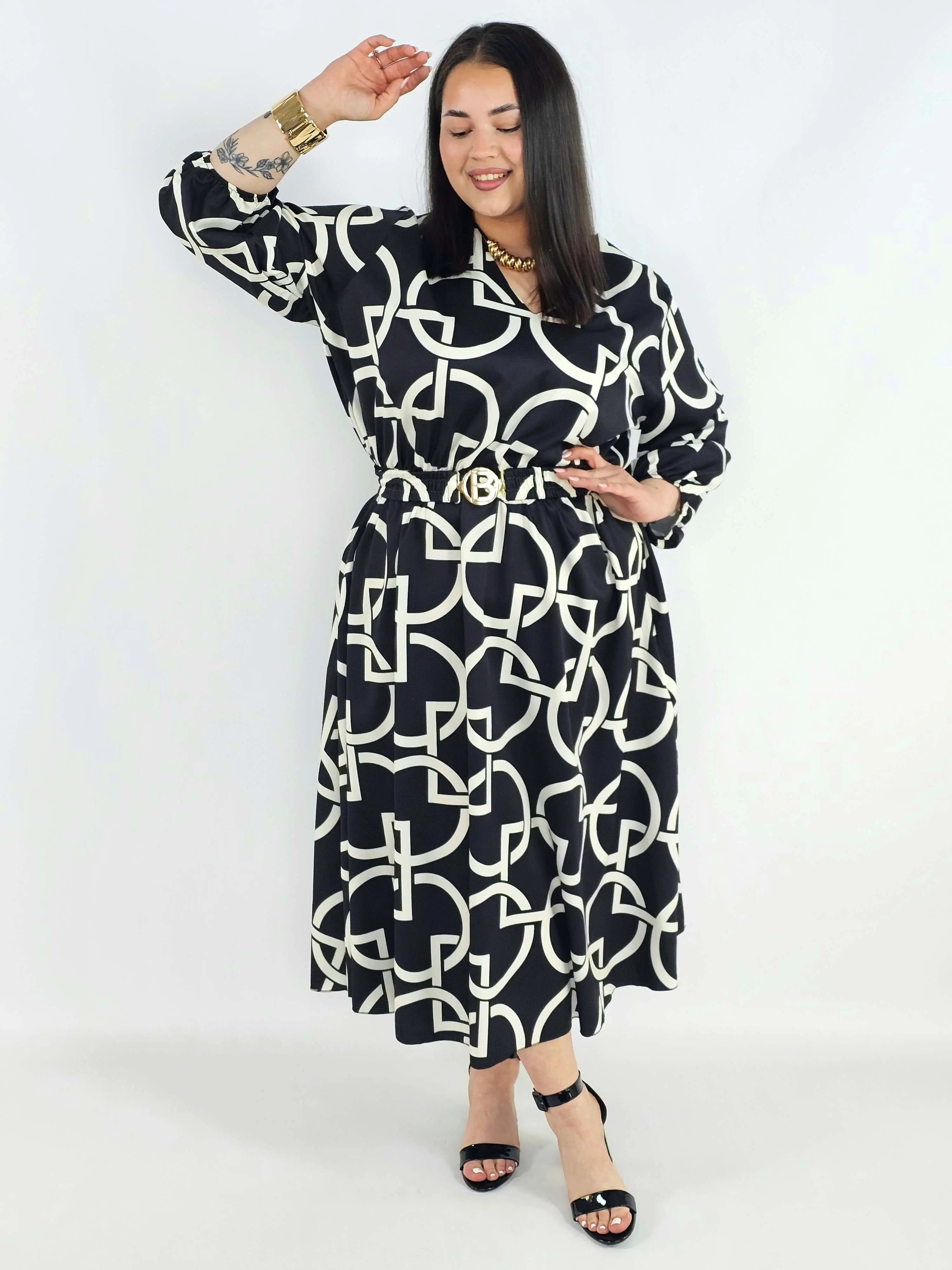 Sukienka plus size z paskiem – elegancka sukienka damska XXL z długim rękawem Stylowa XL