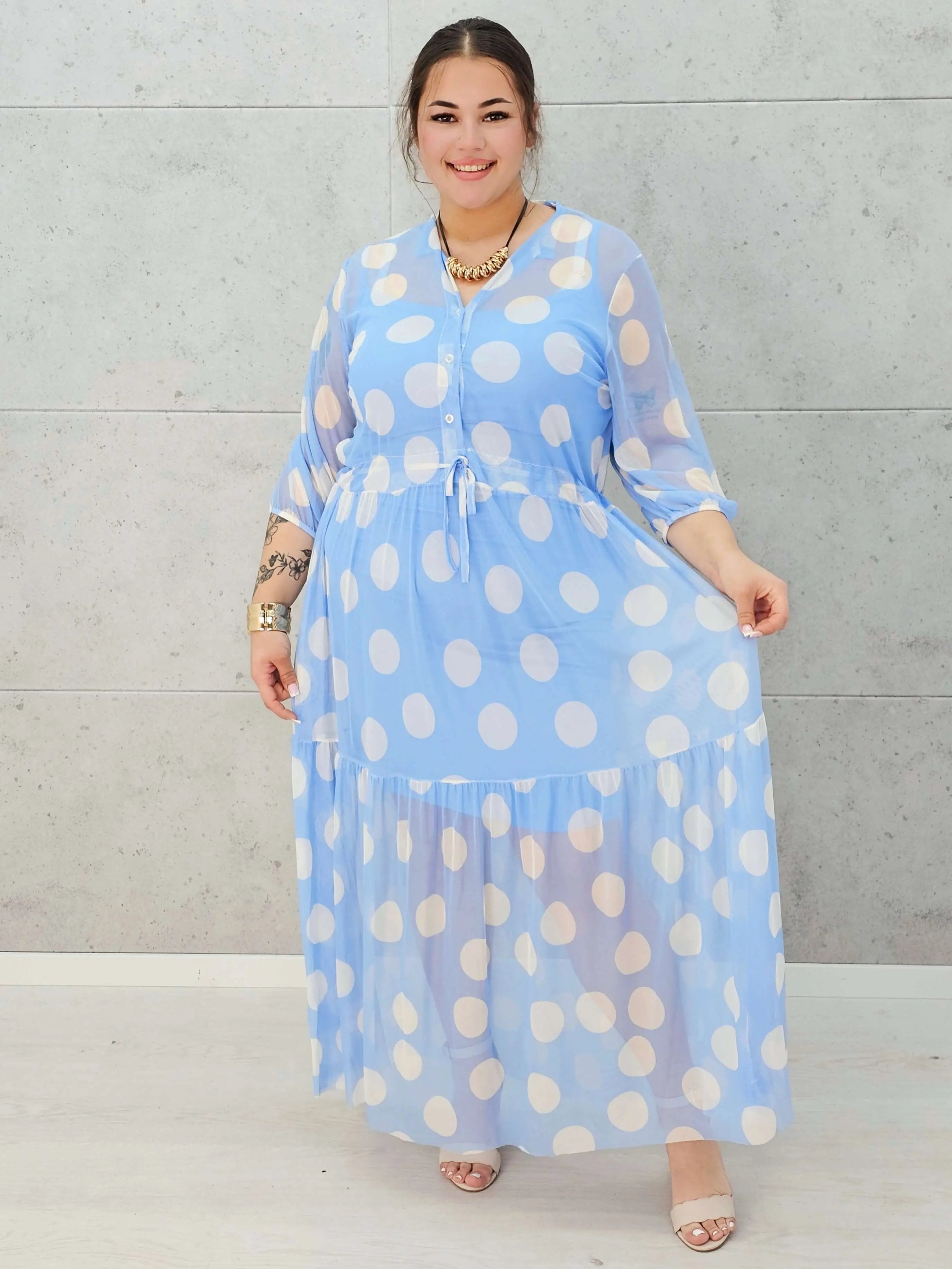 Sukienka siateczkowa z wzorem po całości i wiązaniem w tali - w kilku kolorach Stylowa XL