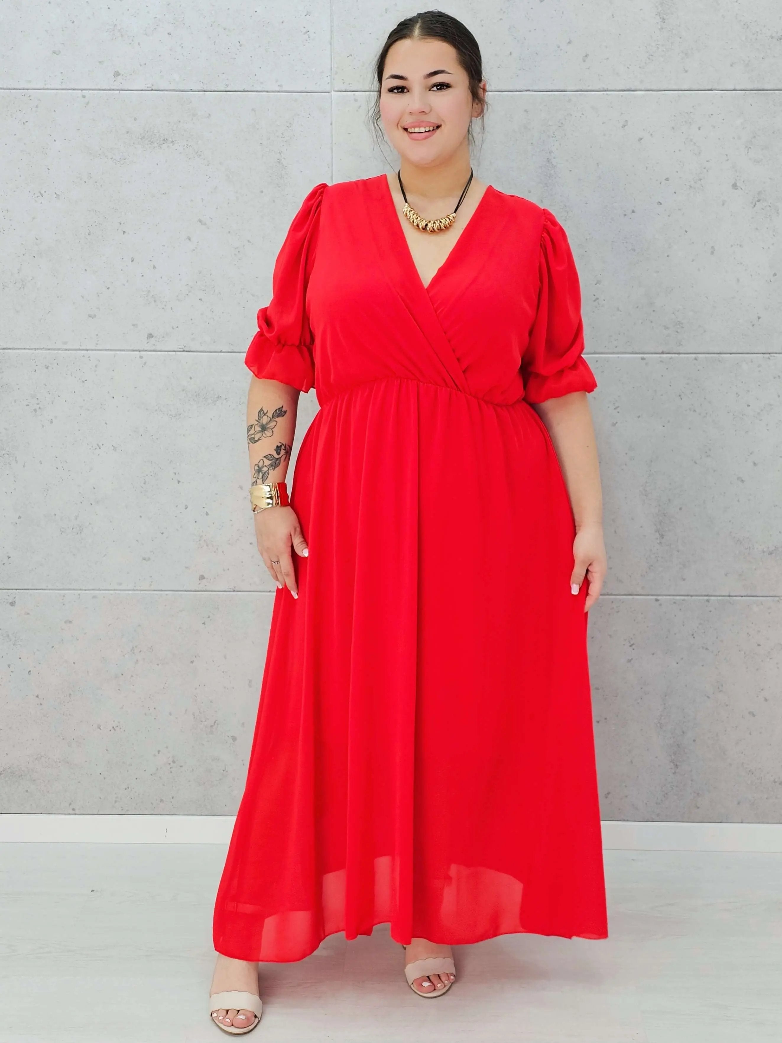 Sukienka szyfonowa maxi z bufiastym rękawem – w wielu kolorach 🌸✨ Stylowa XL