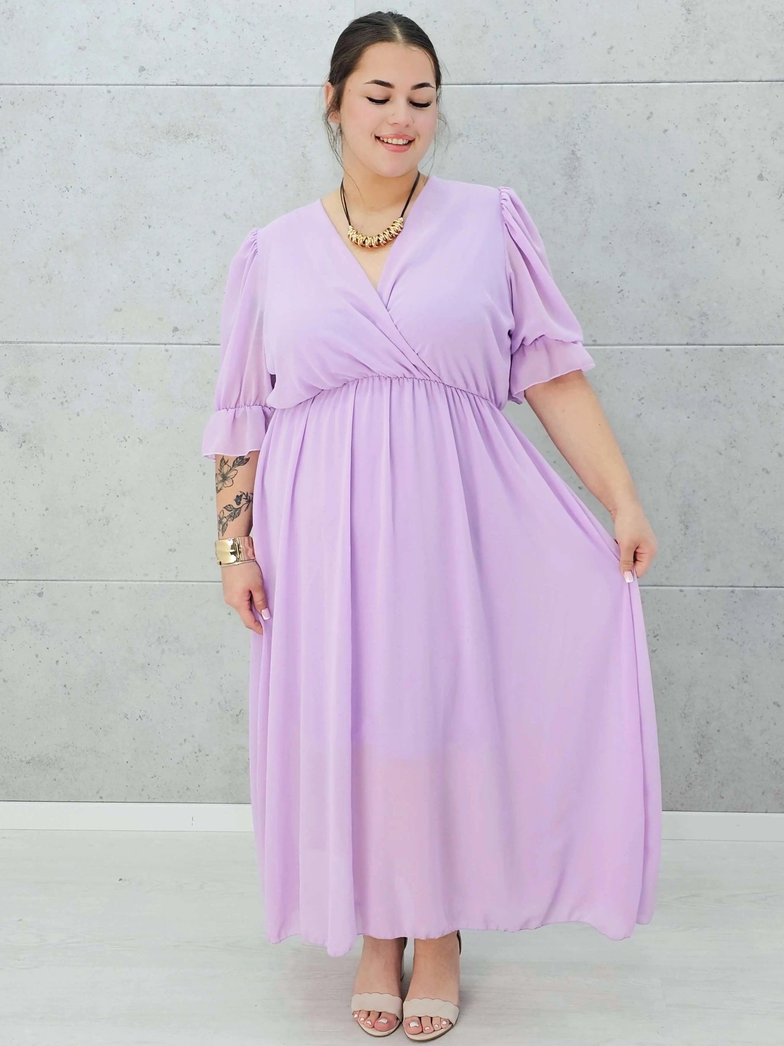 Sukienka szyfonowa maxi z bufiastym rękawem – w wielu kolorach 🌸✨ Stylowa XL