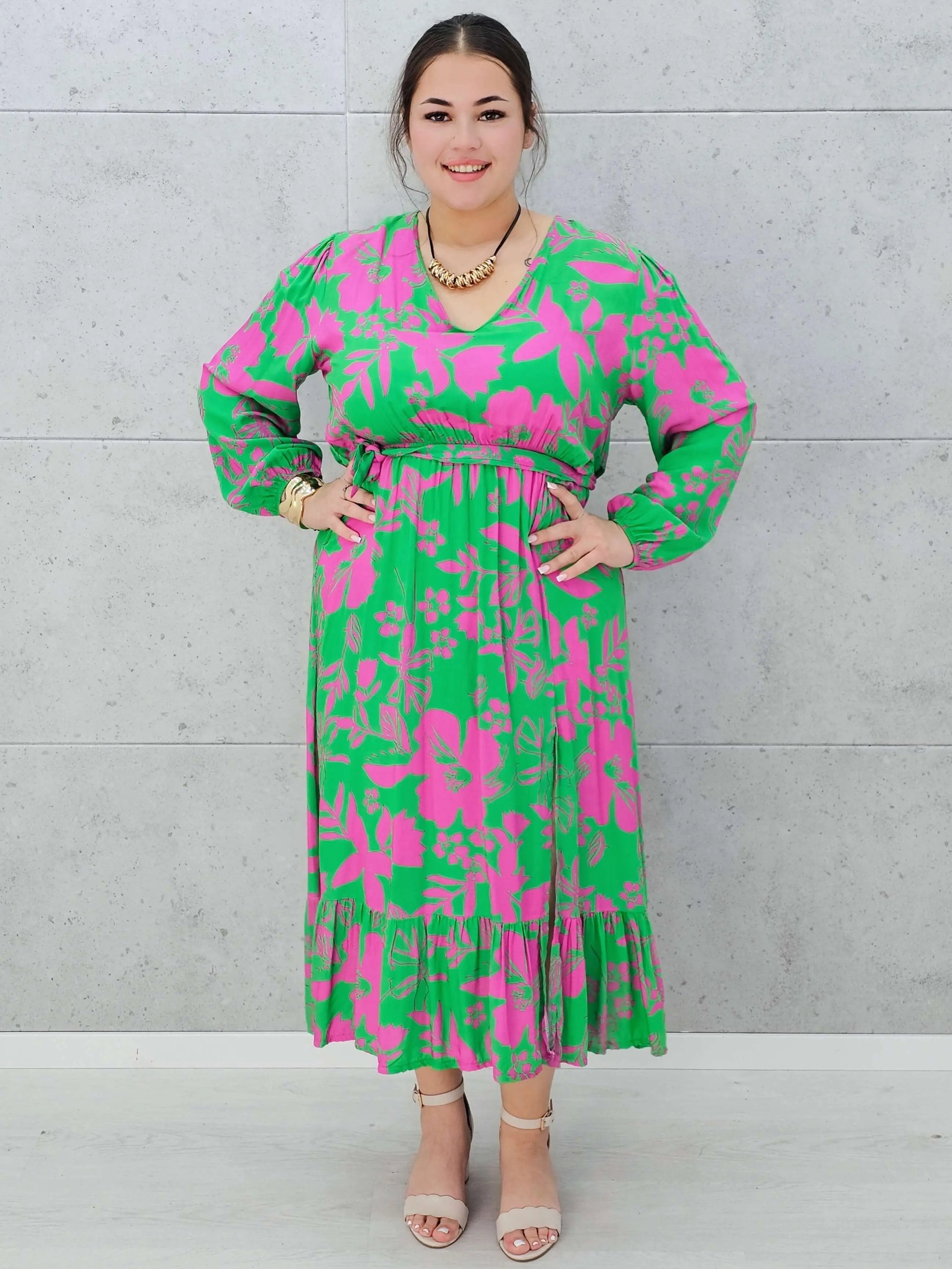 Sukienka w zielono-różowy print Stylowa XL