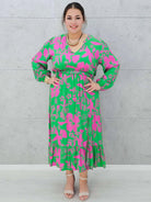 Sukienka w zielono-różowy print Stylowa XL