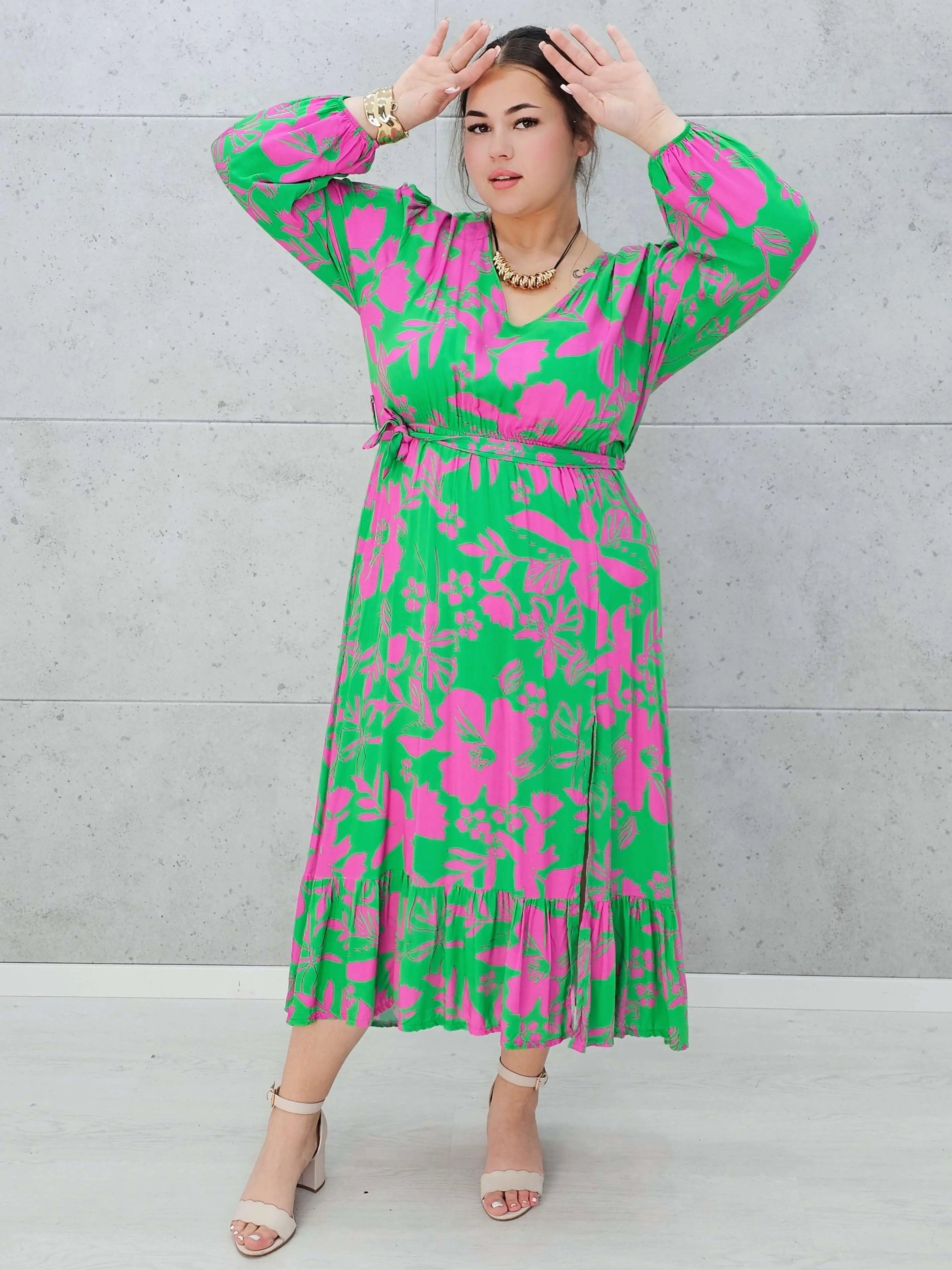 Sukienka w zielono-różowy print Stylowa XL