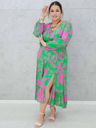 Sukienka w zielono-różowy print Stylowa XL