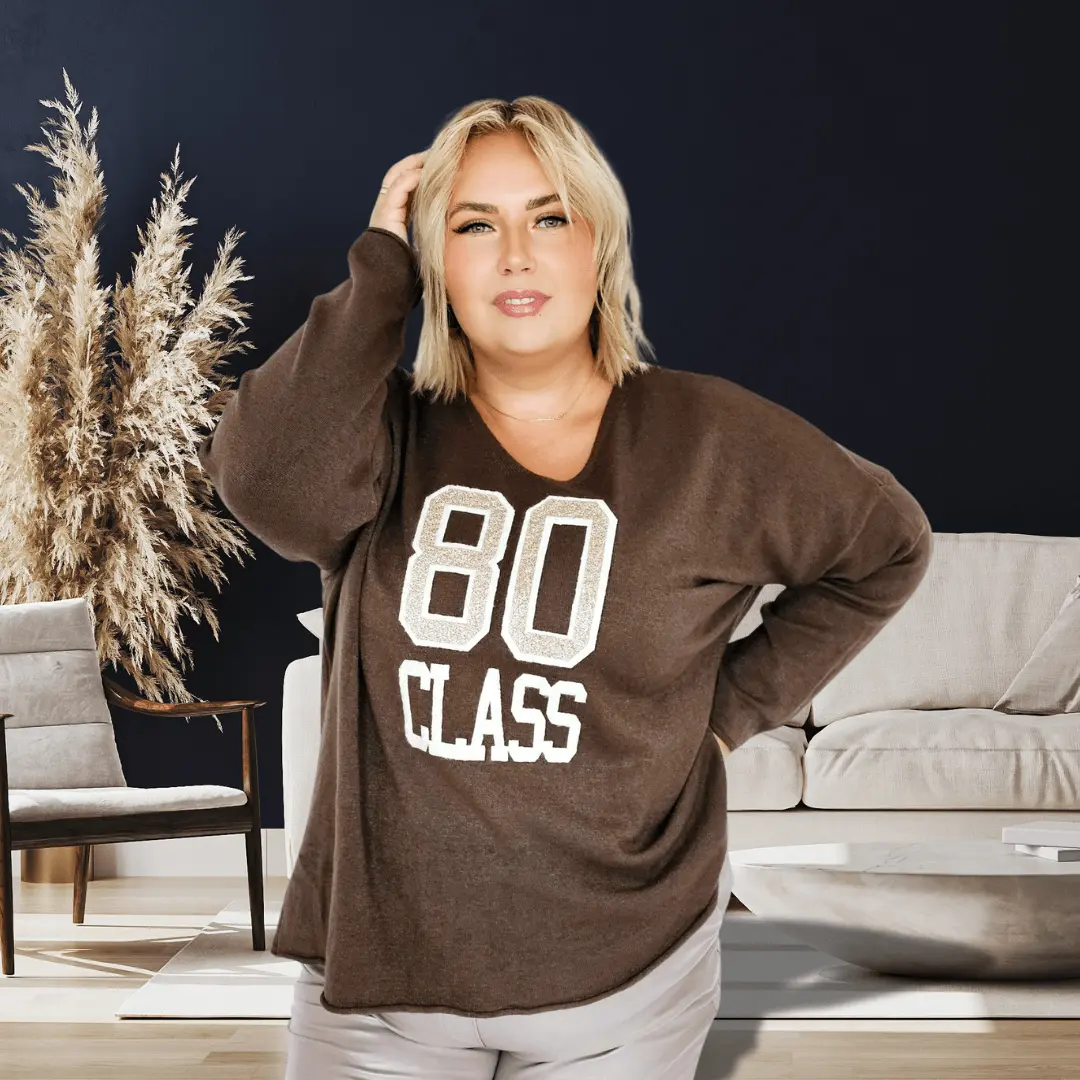 Sweter Damski "80 CLASS" z Dekoltem w Serek - Brąz Stylowa XL