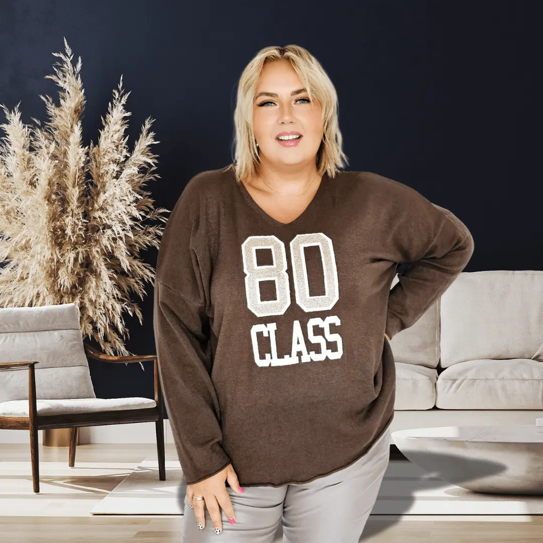 Sweter Damski "80 CLASS" z Dekoltem w Serek - Brąz Stylowa XL