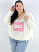Sweter plus size z aplikacją J’adore – modny i kobiecy wybór. Stylowa XL