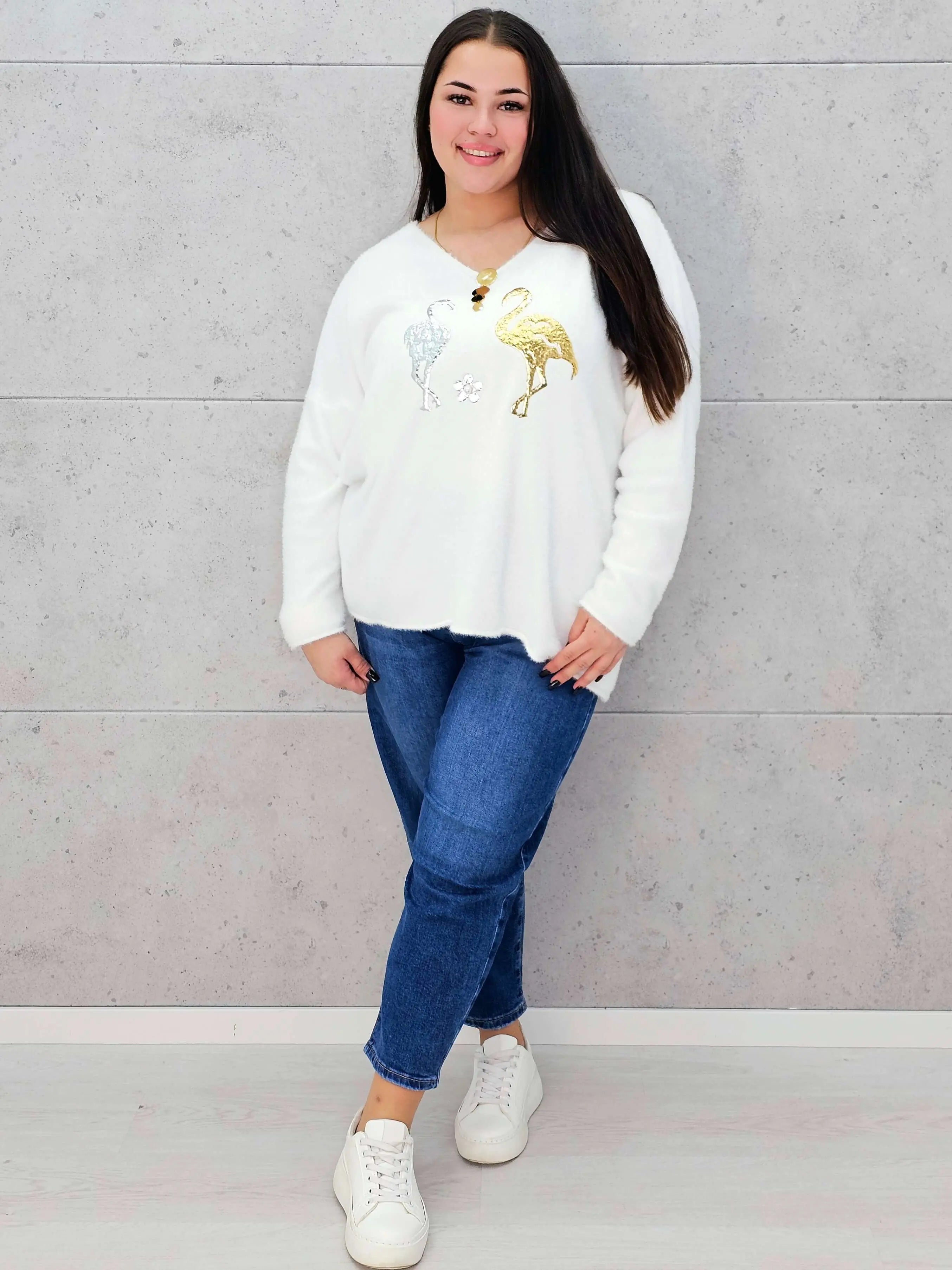 Sweter z flamingami  Livans – miękki puszek plus size Stylowa XL