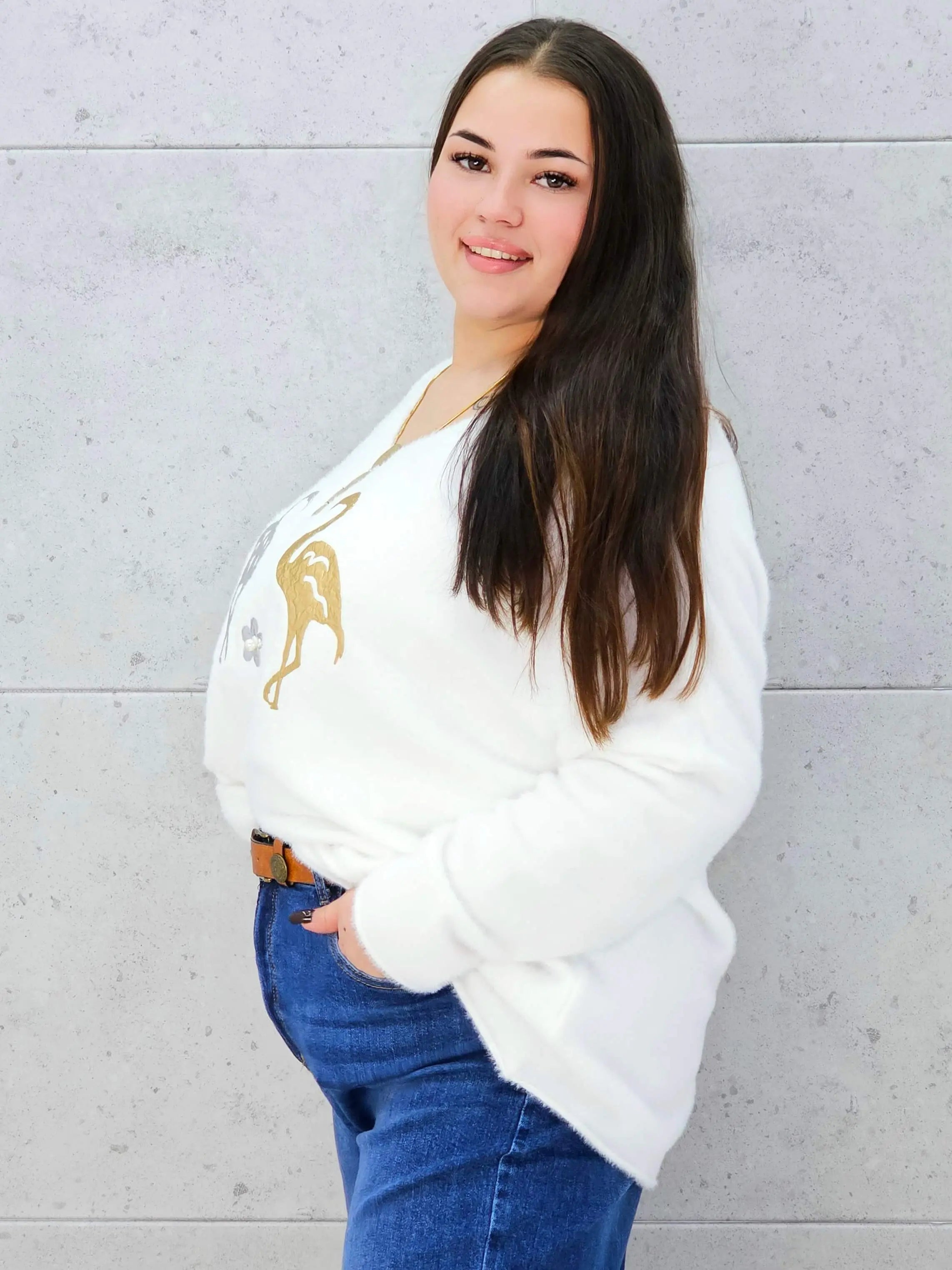 Sweter z flamingami  Livans – miękki puszek plus size Stylowa XL