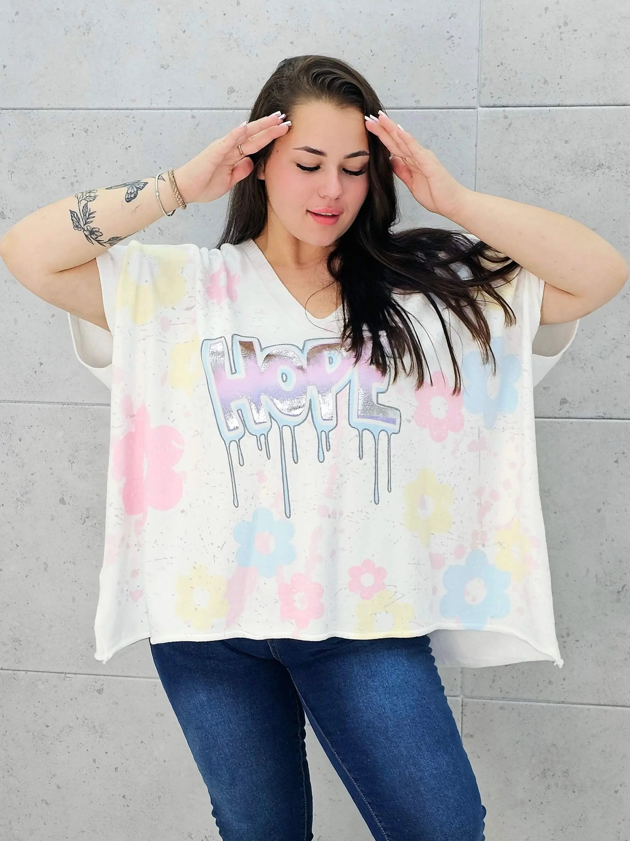 Sweter z krótkim rękawem z przodu aplikacja Stylowa XL