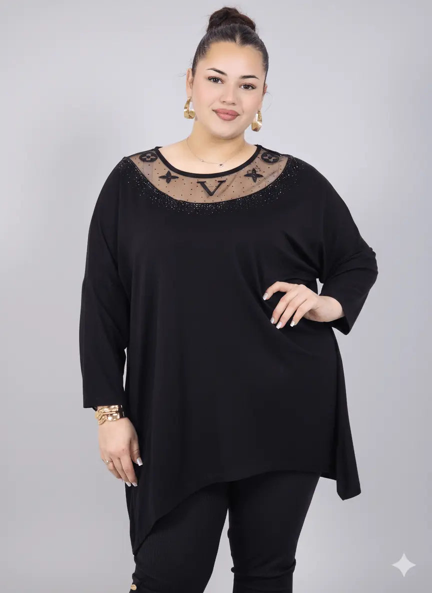 Tunika plus size z ozdobnym dekoltem – elegancka tunika XXL dla kobiet Stylowa XL