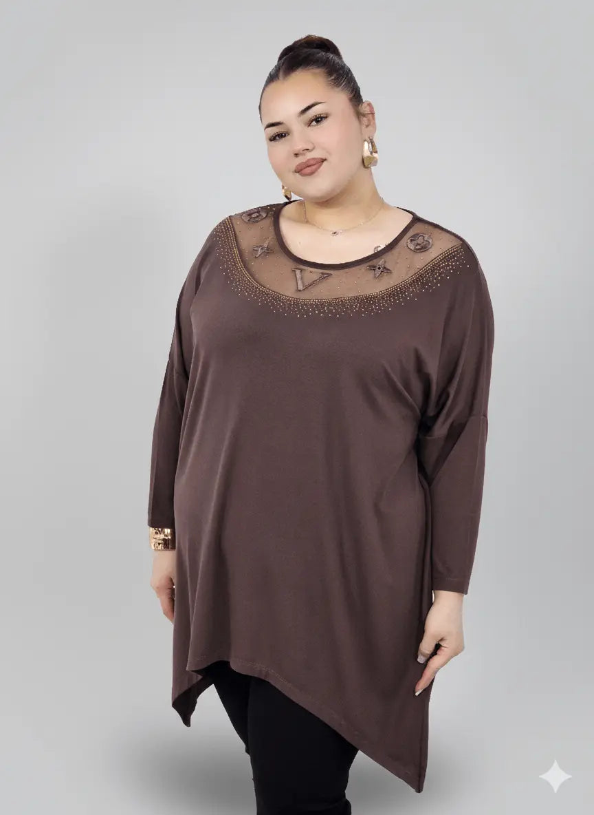 Tunika plus size z ozdobnym dekoltem – elegancka tunika XXL dla kobiet Stylowa XL