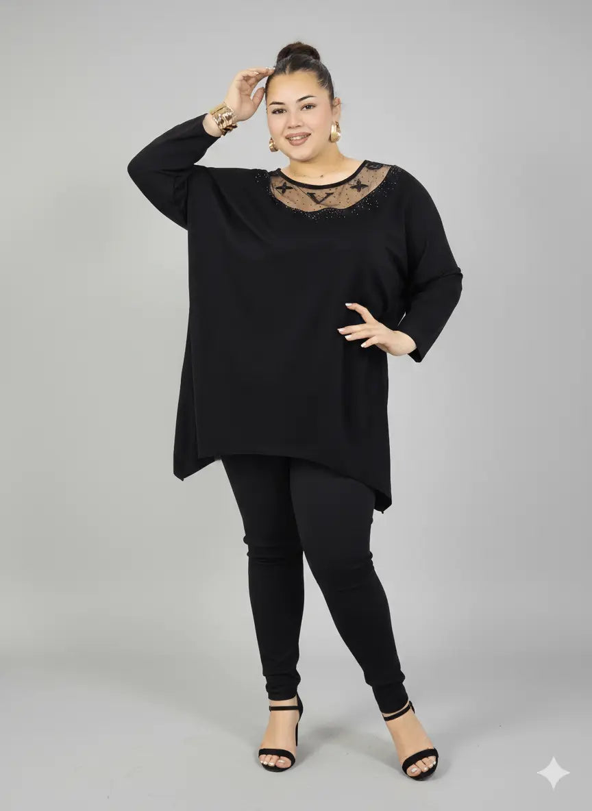 Tunika plus size z ozdobnym dekoltem – elegancka tunika XXL dla kobiet Stylowa XL