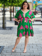 Zielono-różowa sukienka boho z chwostami Stylowa XL