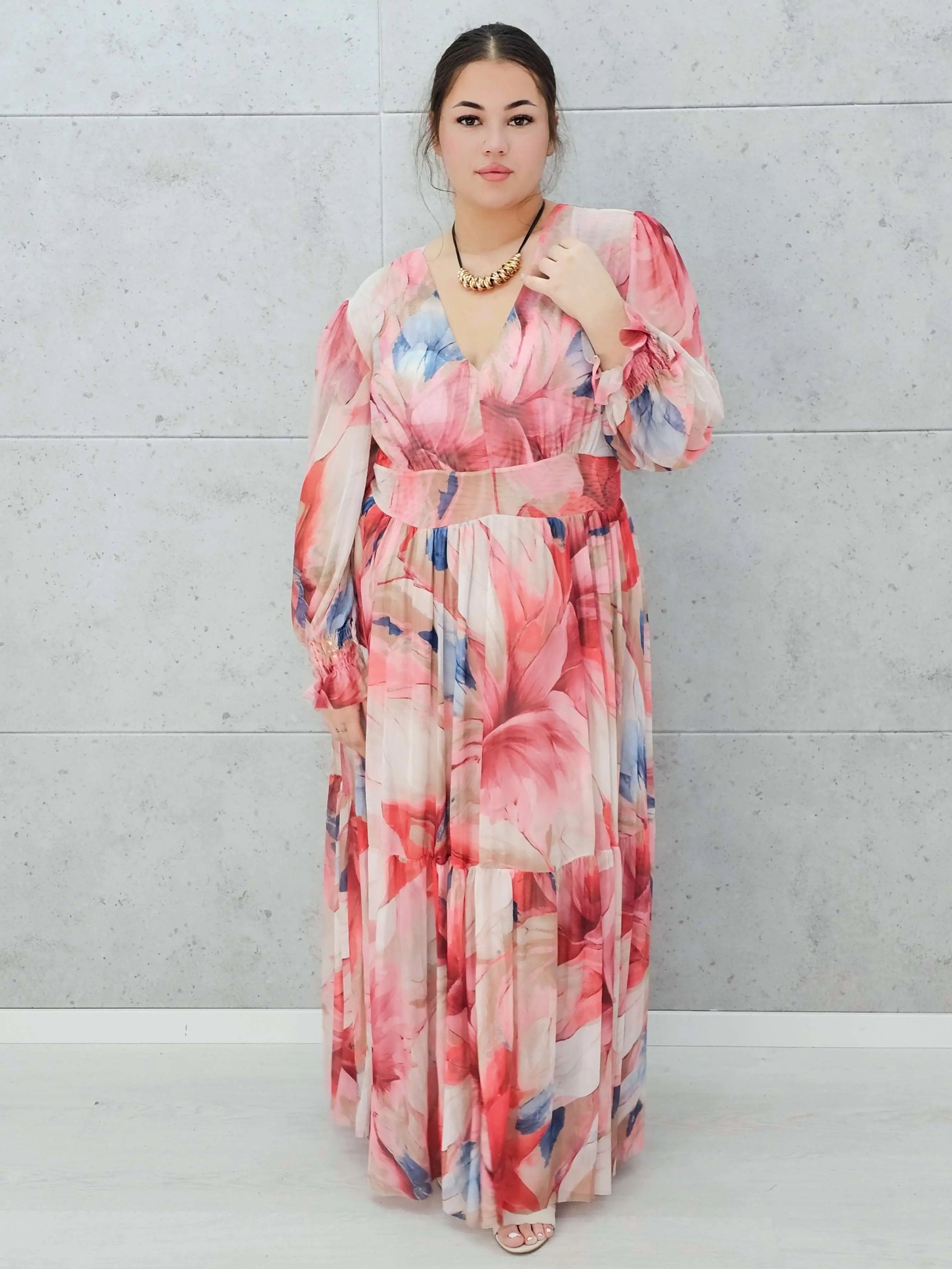 Zwiewna  siateczkowa sukienka maxi w kwiaty. Stylowa XL