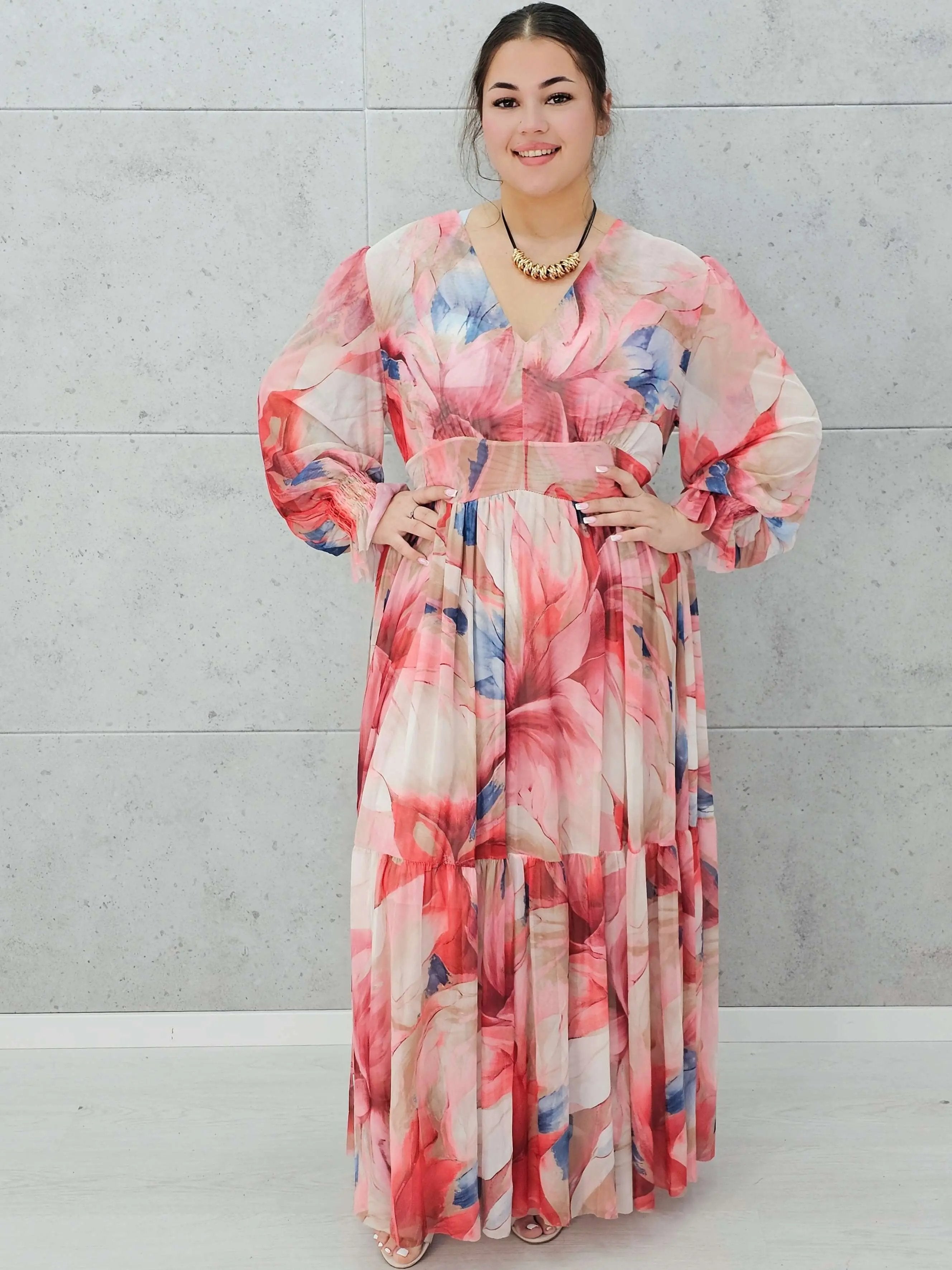 Zwiewna  siateczkowa sukienka maxi w kwiaty. Stylowa XL