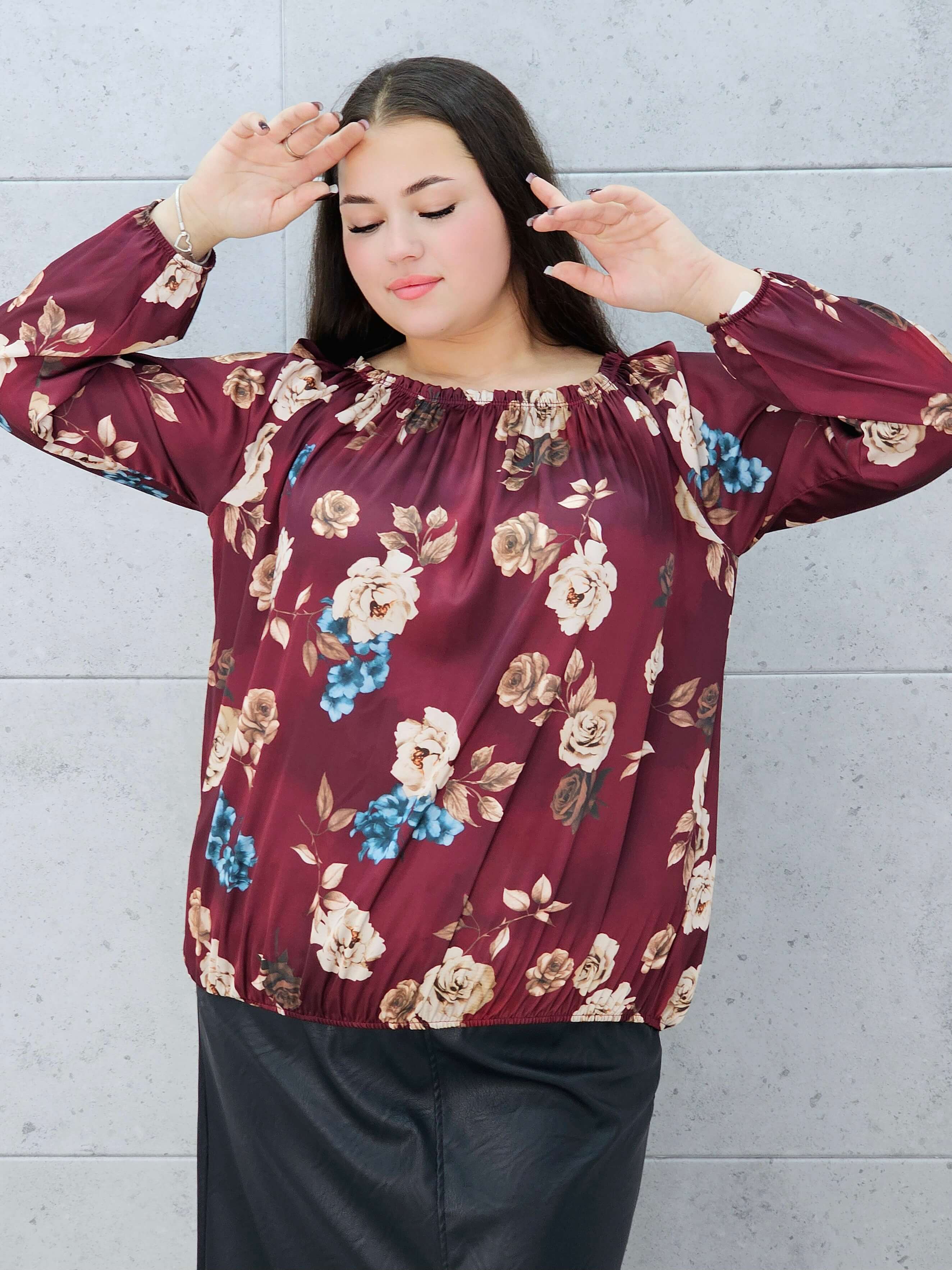 Bluzka hiszpanka plus size w kwiaty bordowa – Stylowa XL w całości 