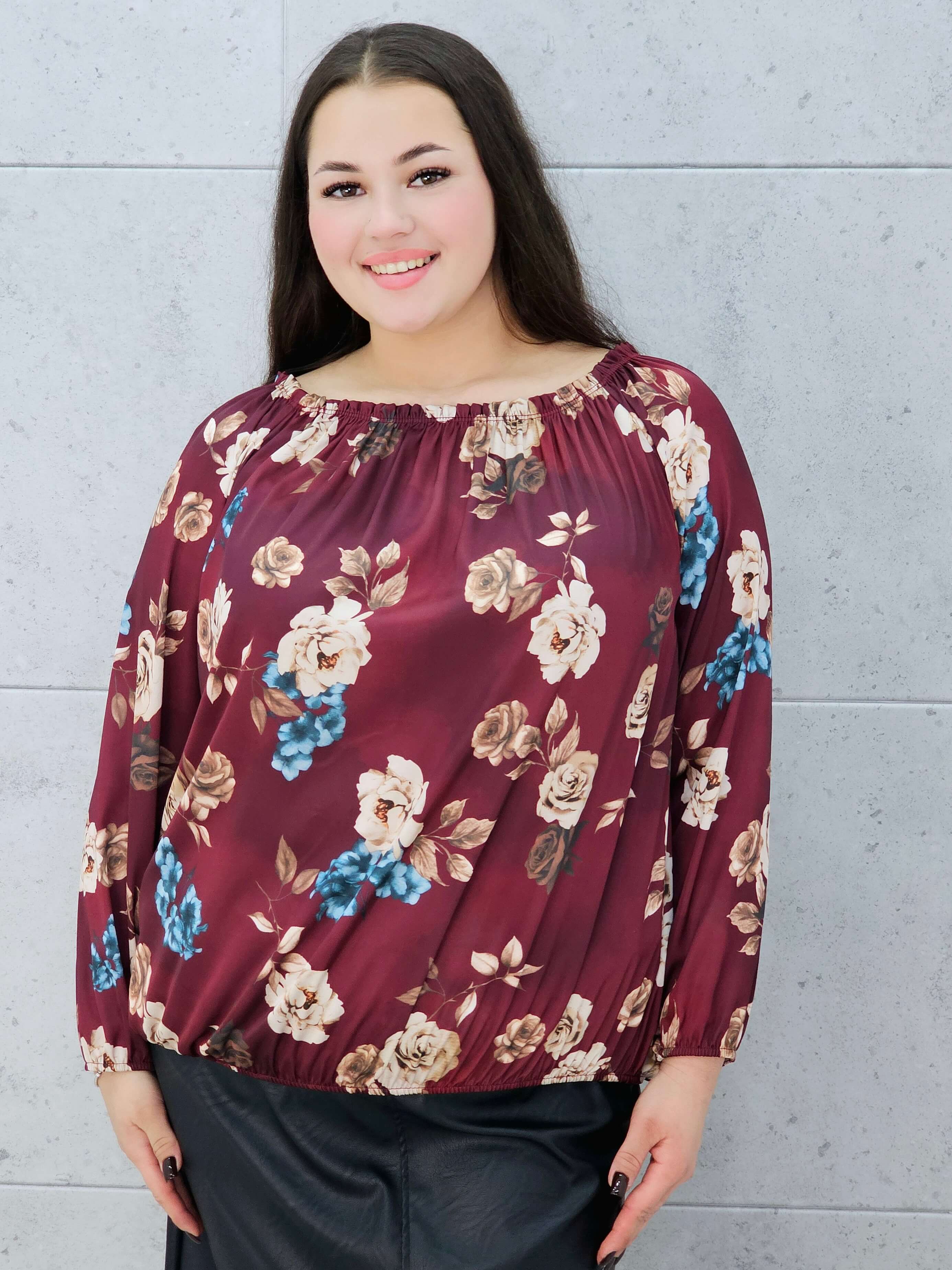 Bluzka hiszpanka plus size w kwiaty bordowa – Stylowa XL