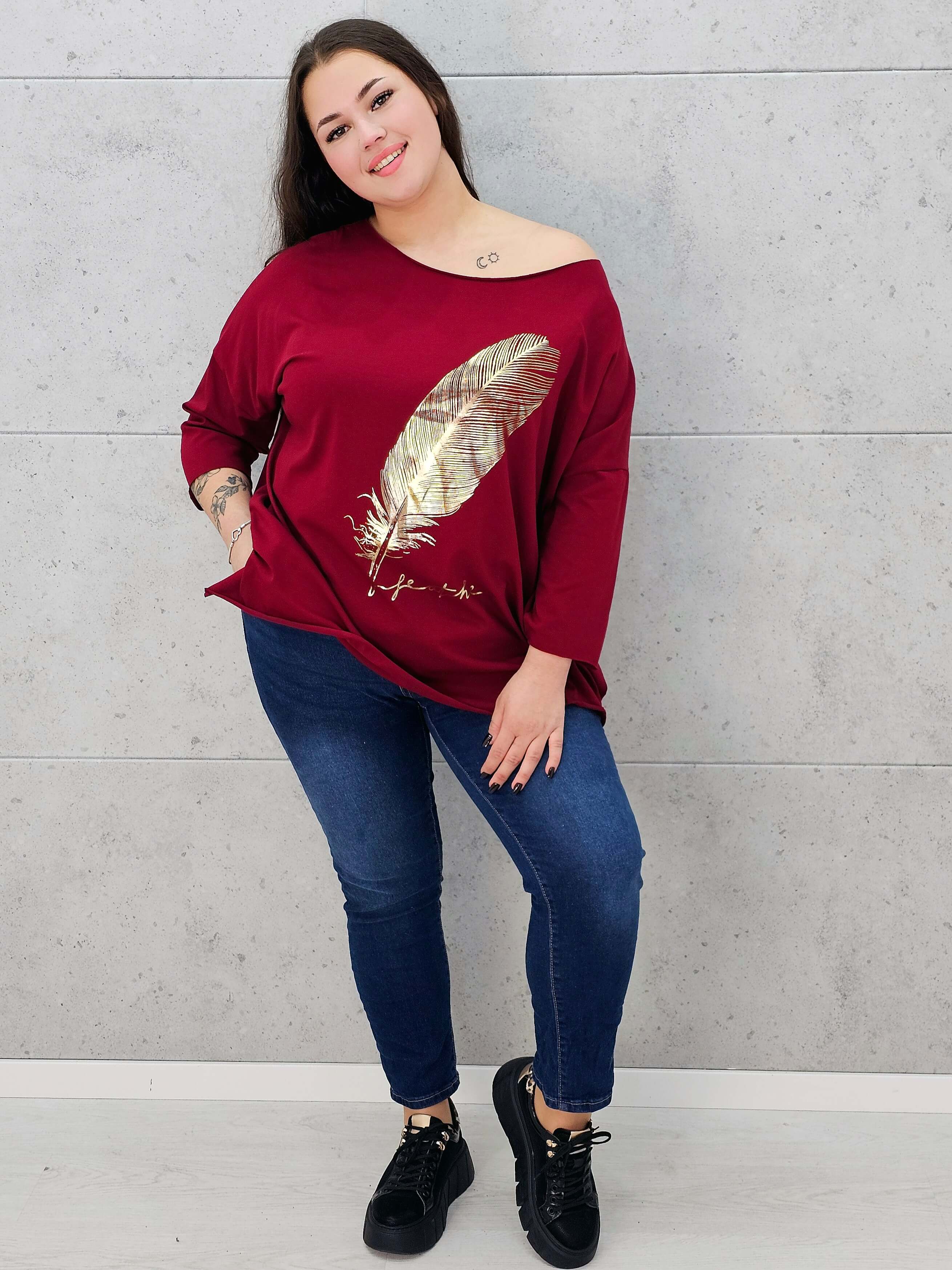 bluzka ze złotym piórem bordo  plus size w całości 