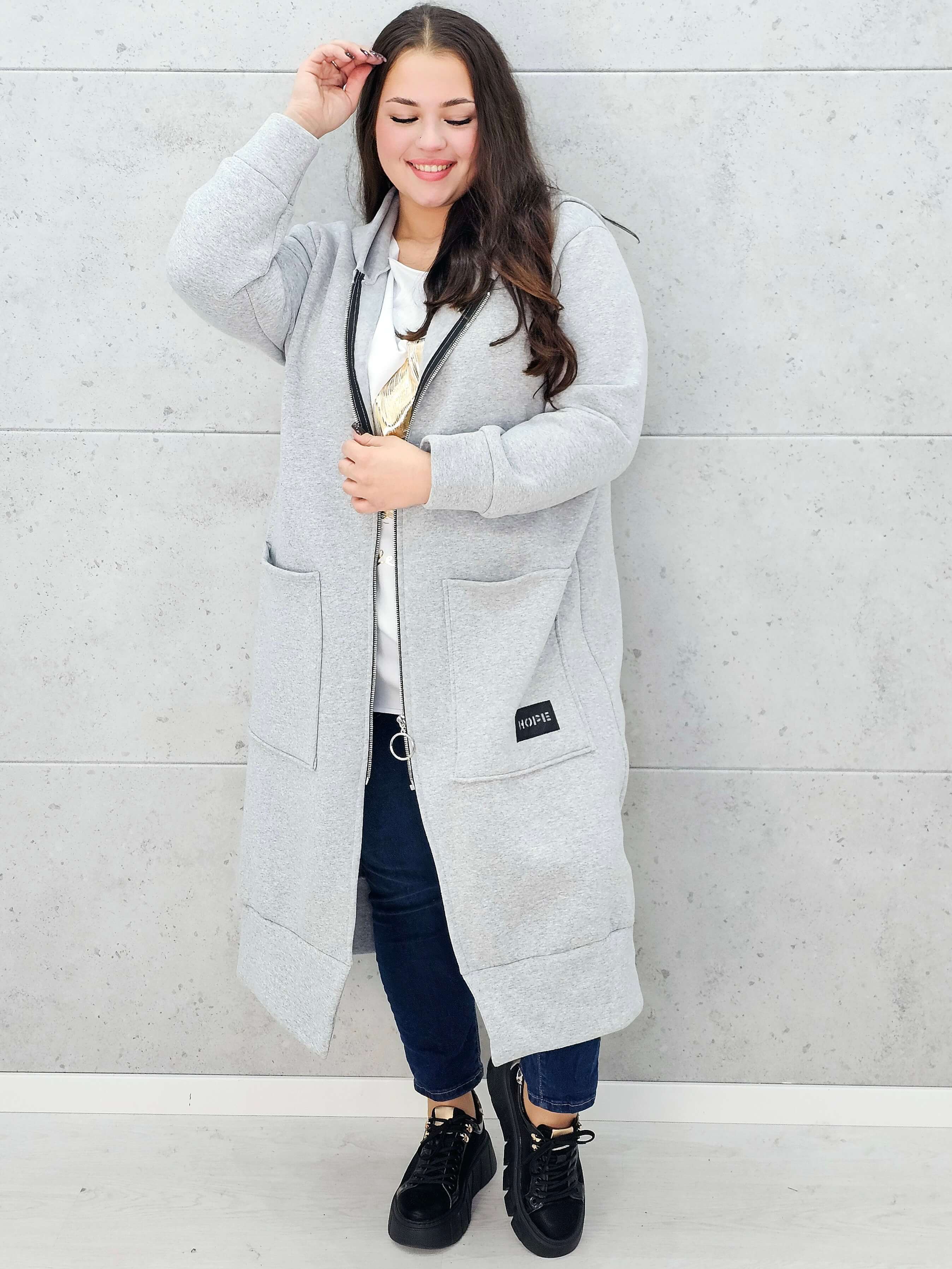 bluza plus size szara z kapturem 
