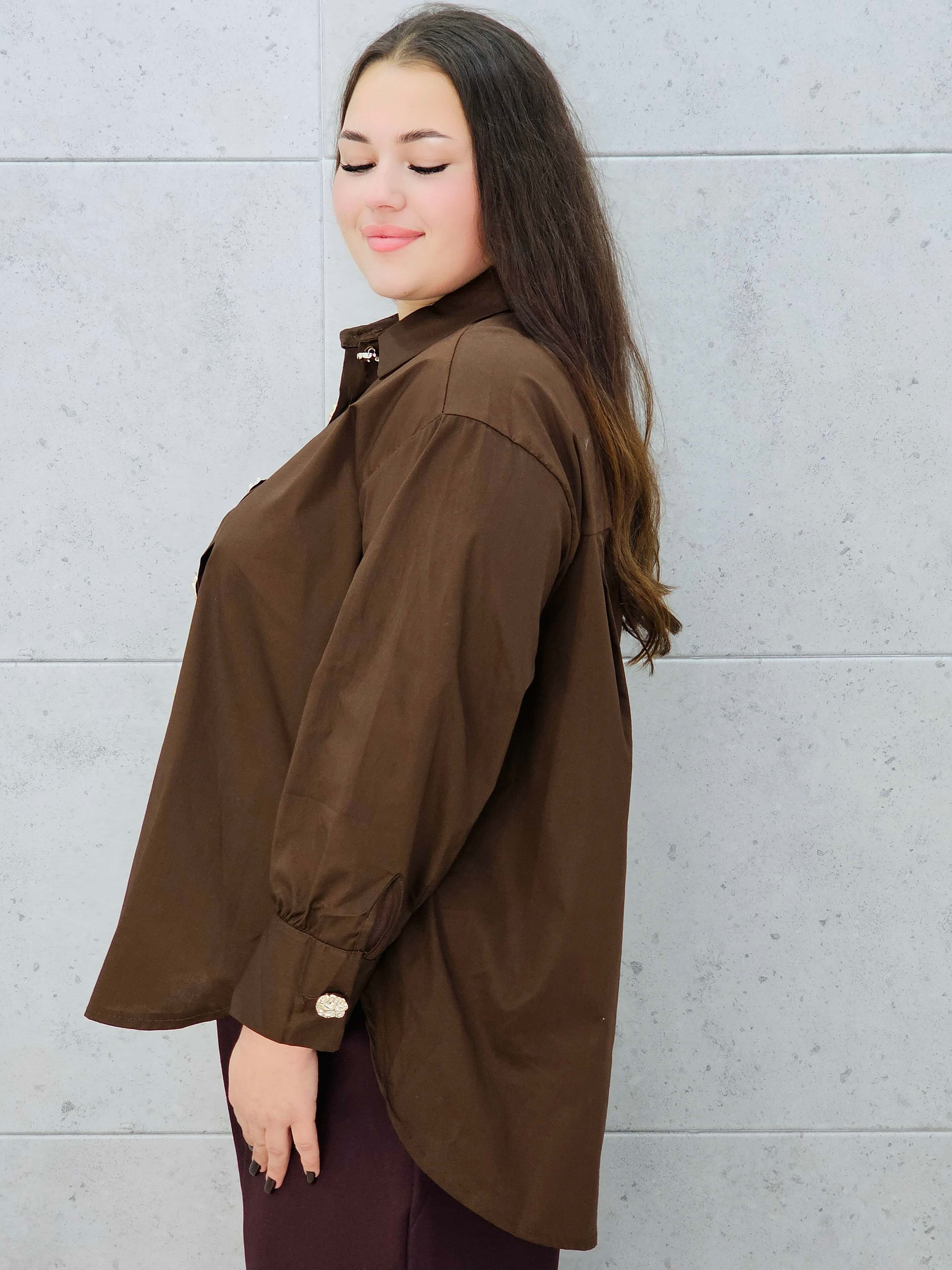 elegancka koszula plus size w kolorze brązowym –bok 