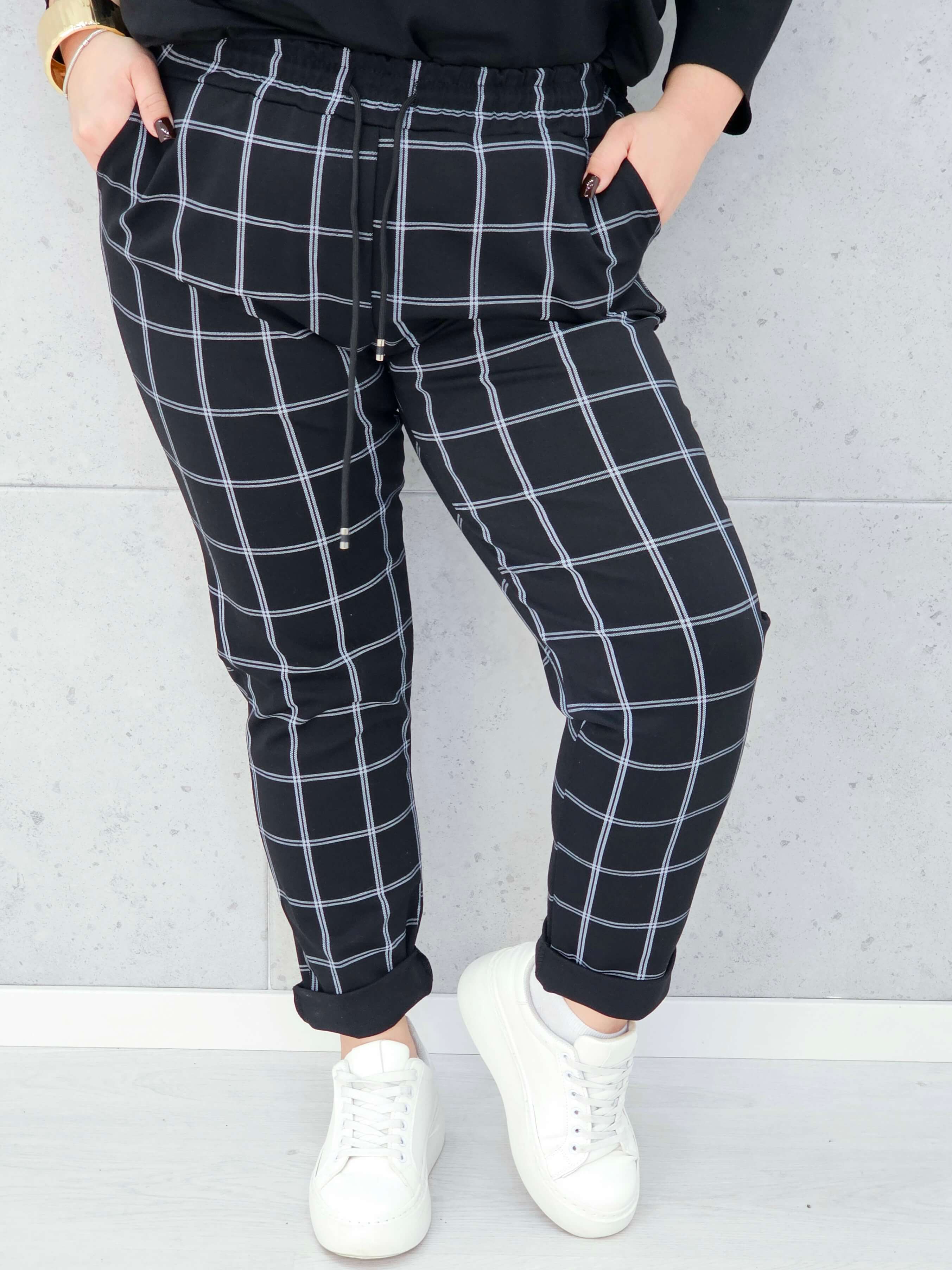 spodnie w kratkę czarne plus size Stylowa XL – xxxl