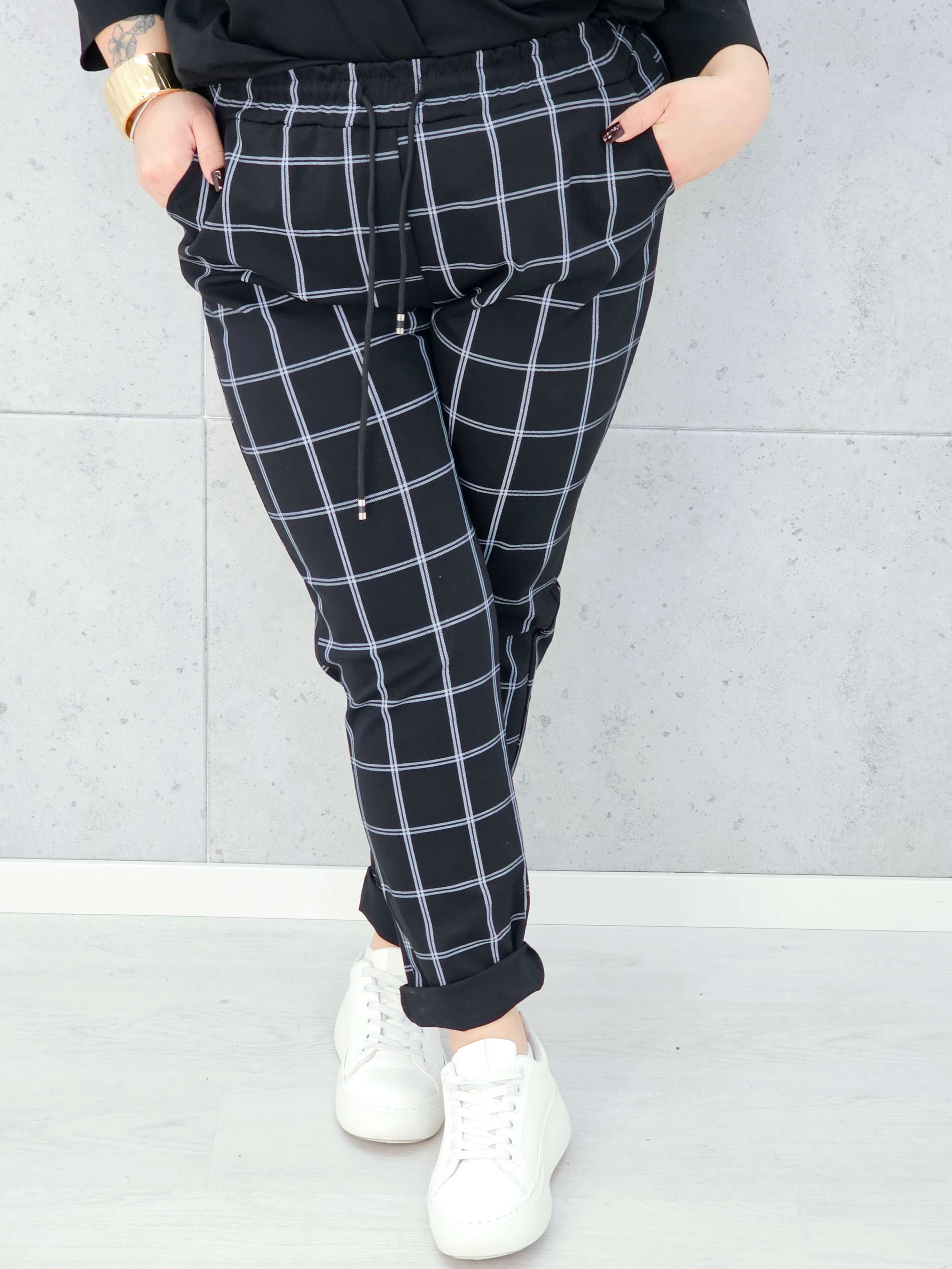 spodnie w kratkę czarne plus size Stylowa XL – pas