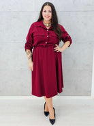 Elegancka bordowa sukienka koszulowa z długim rękawem – Stylowa XL