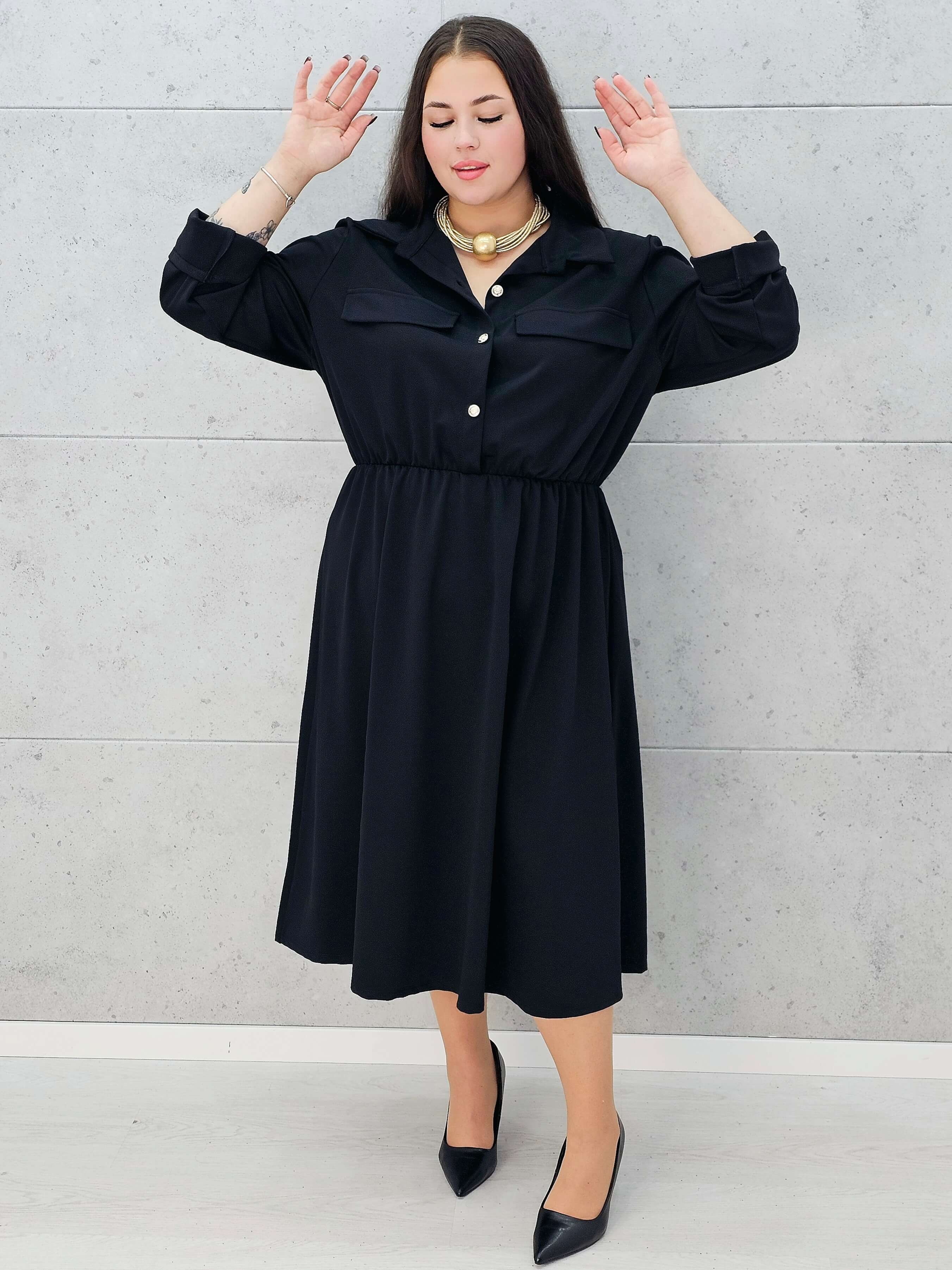 Stylowa stylizacja z czarną sukienką koszulową Stylowa XL