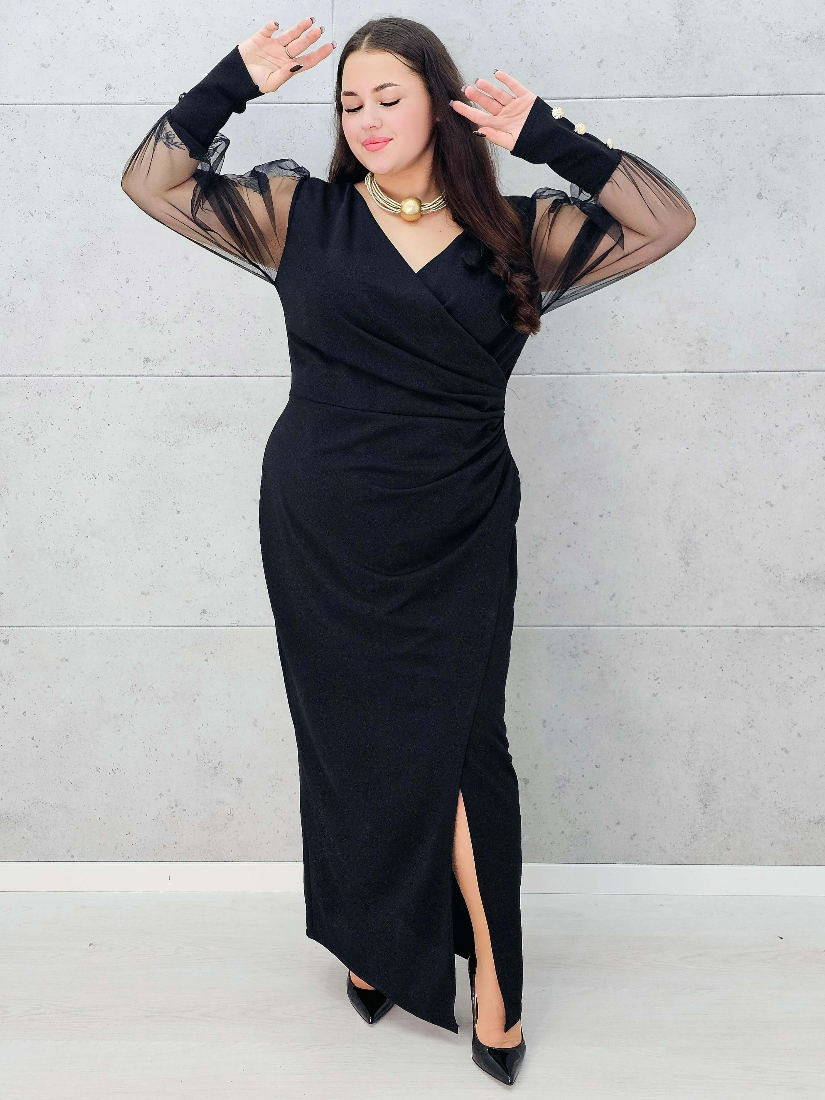 Sukienka maxi z kopertowym dekoltem i tiulowymi rękawami – Stylowa XL rozcięcie 